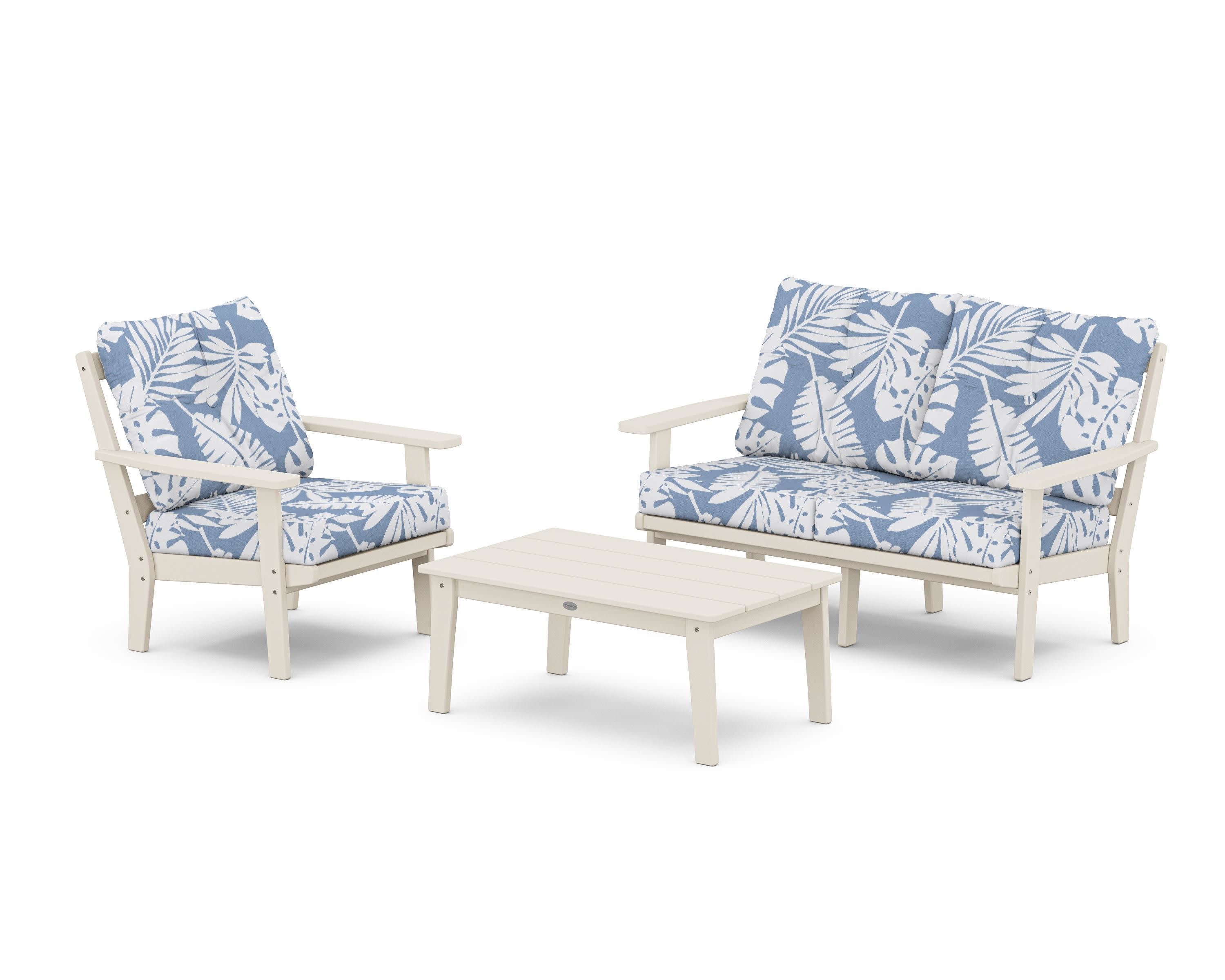 Prairie 3-Piece Deep Seating Set with Loveseat in Sand / Leaf Sky Blue