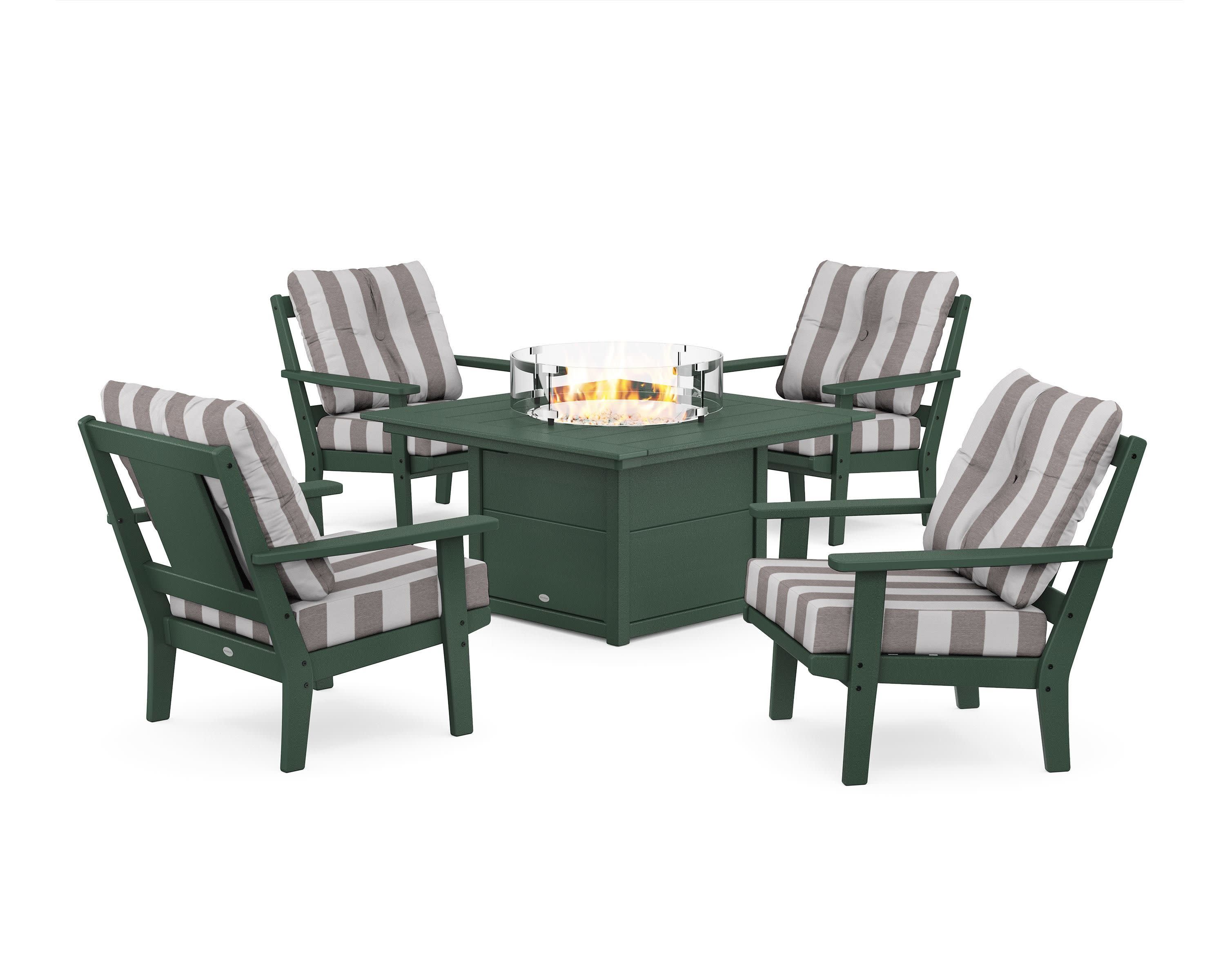 Prairie 5-Piece Deep Seating Set with Fire Pit Table in Green / Cabana Stripe Grey Mist