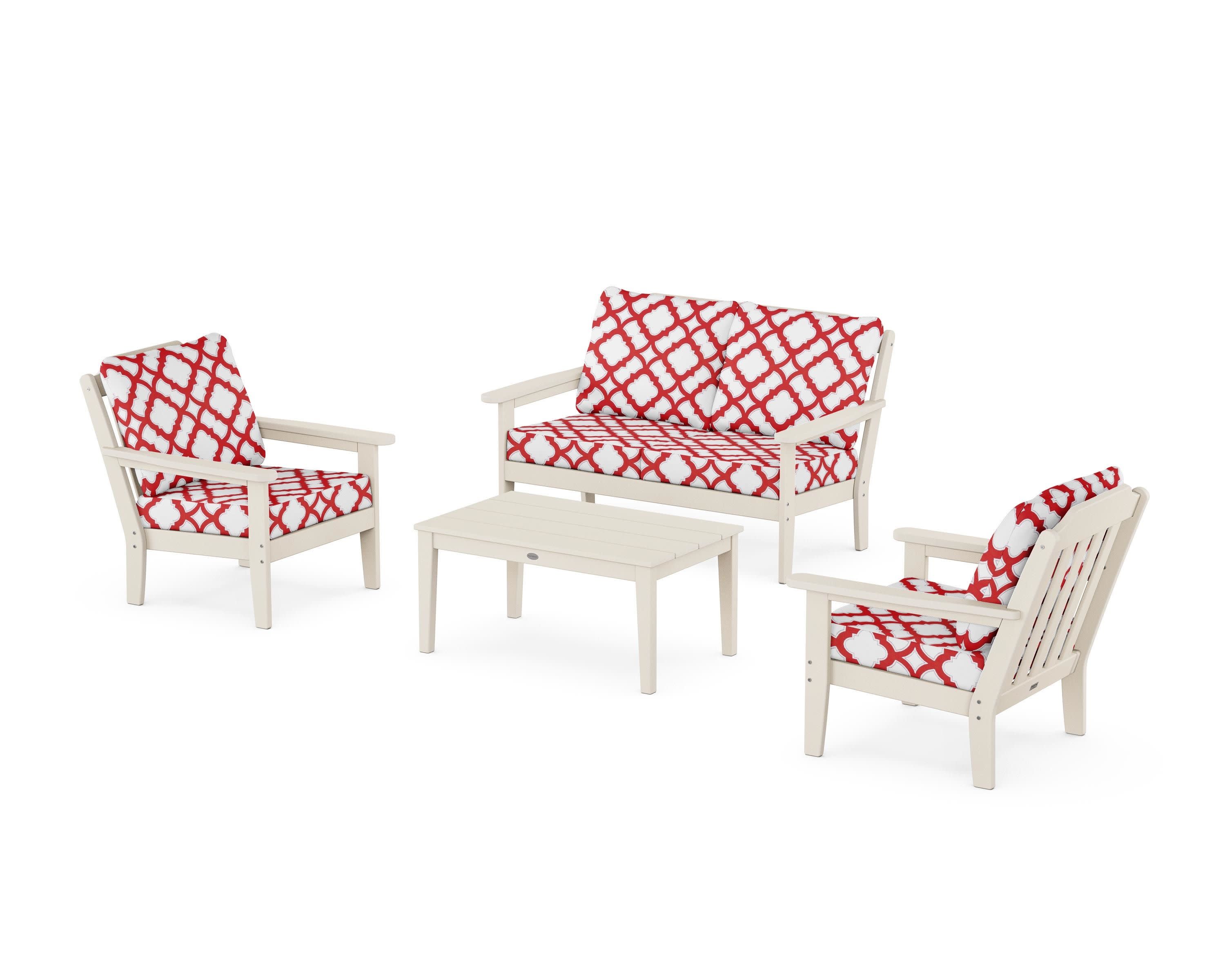 Cottage 4-Piece Deep Seating Set with Loveseat in Sand / Trellis Crimson