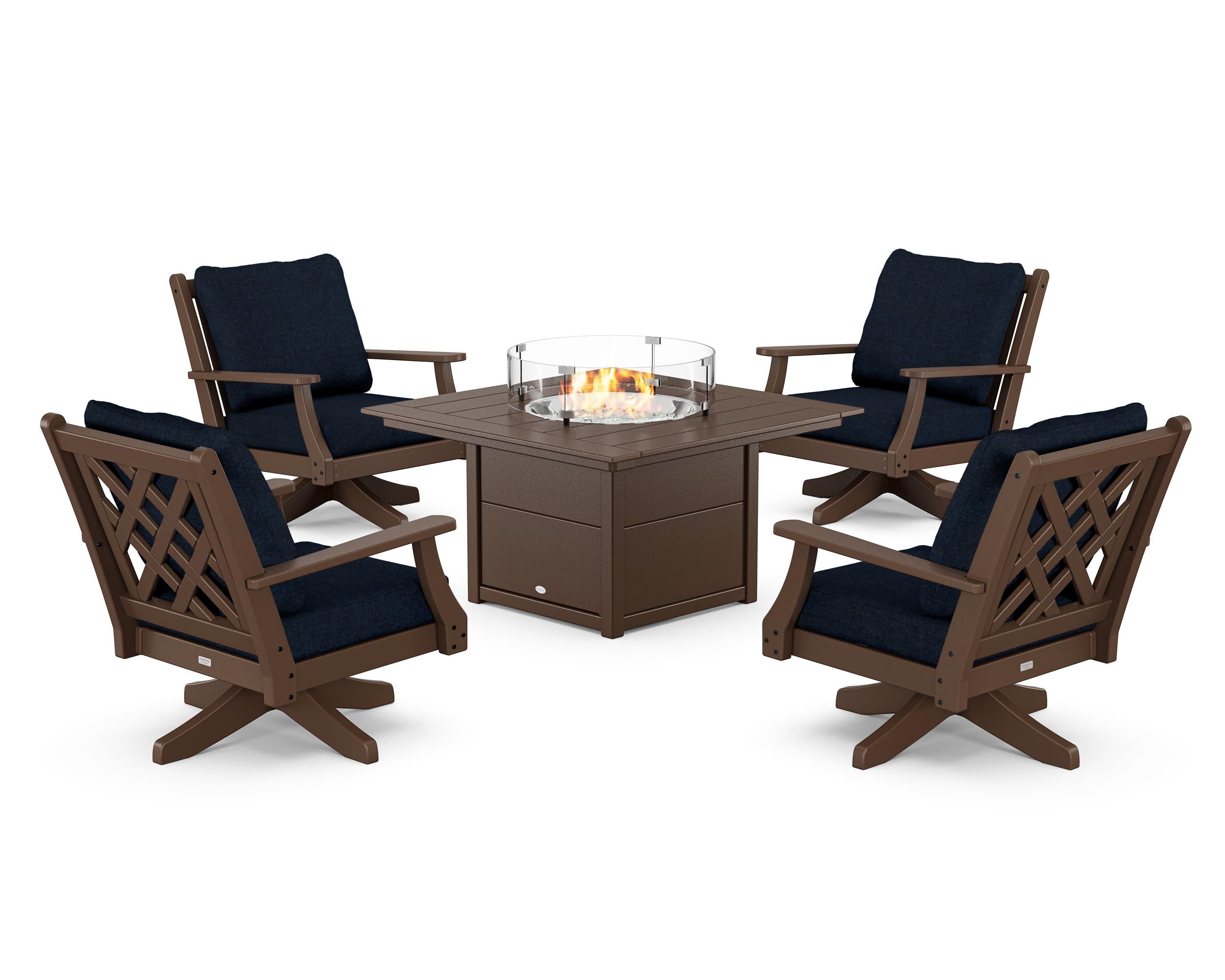 Wovendale 5-Piece Deep Seating Swivel Conversation Set with Fire Pit Table in Mahogany / Marine Indigo