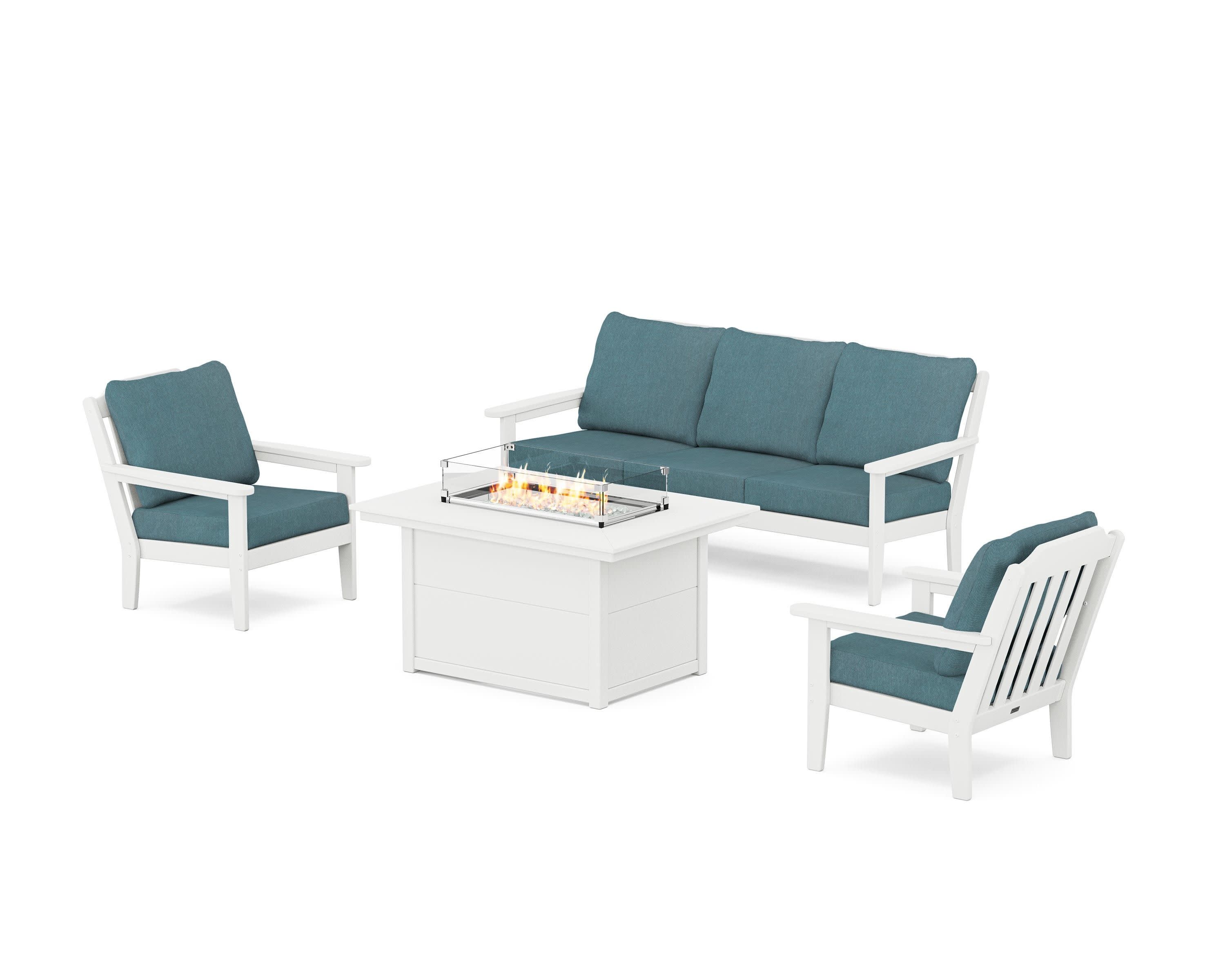 Cottage Deep Seating Fire Pit Table Set in White / Ocean Teal