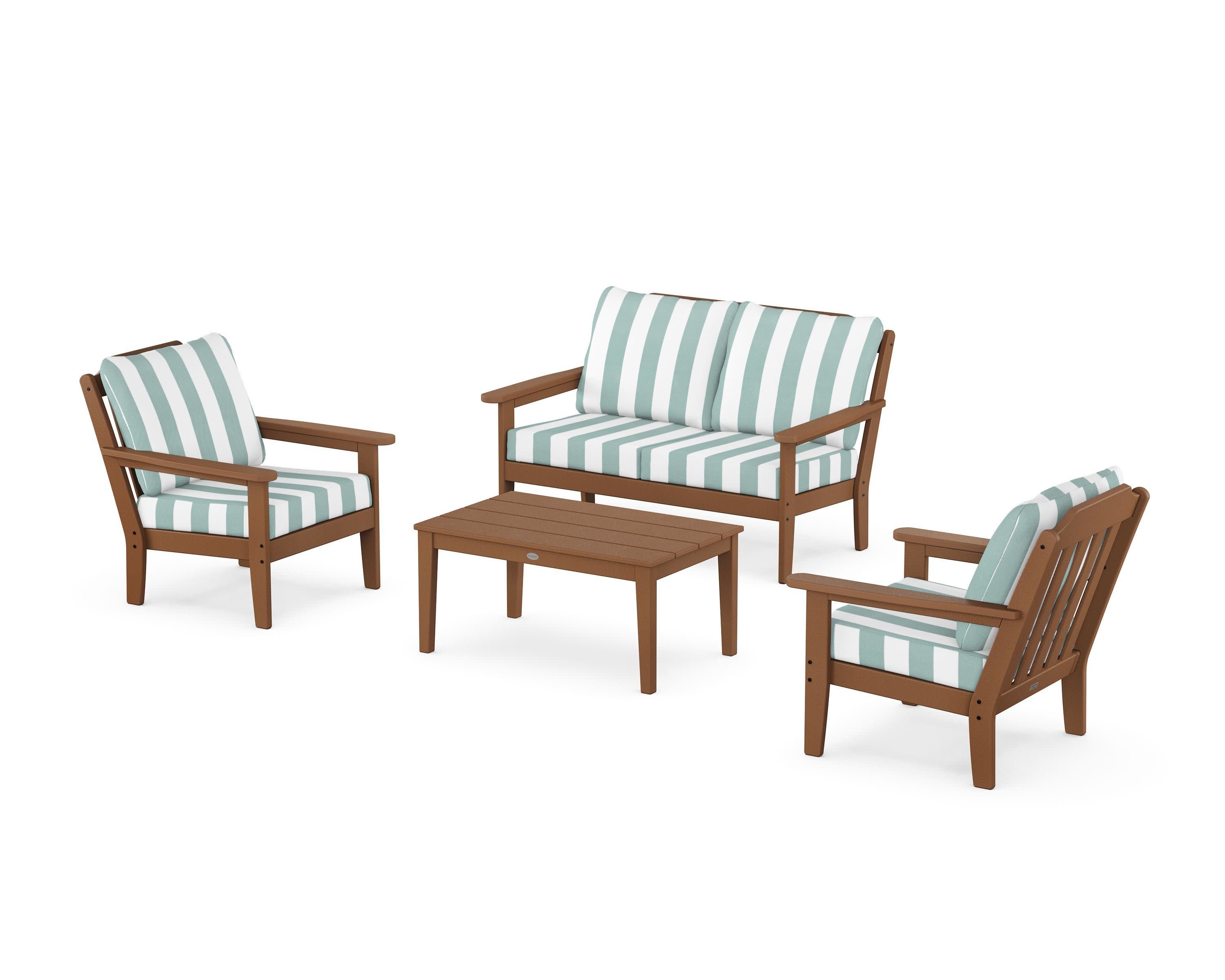 Cottage 4-Piece Deep Seating Set with Loveseat in Teak / Cabana Stripe Glacier Spa