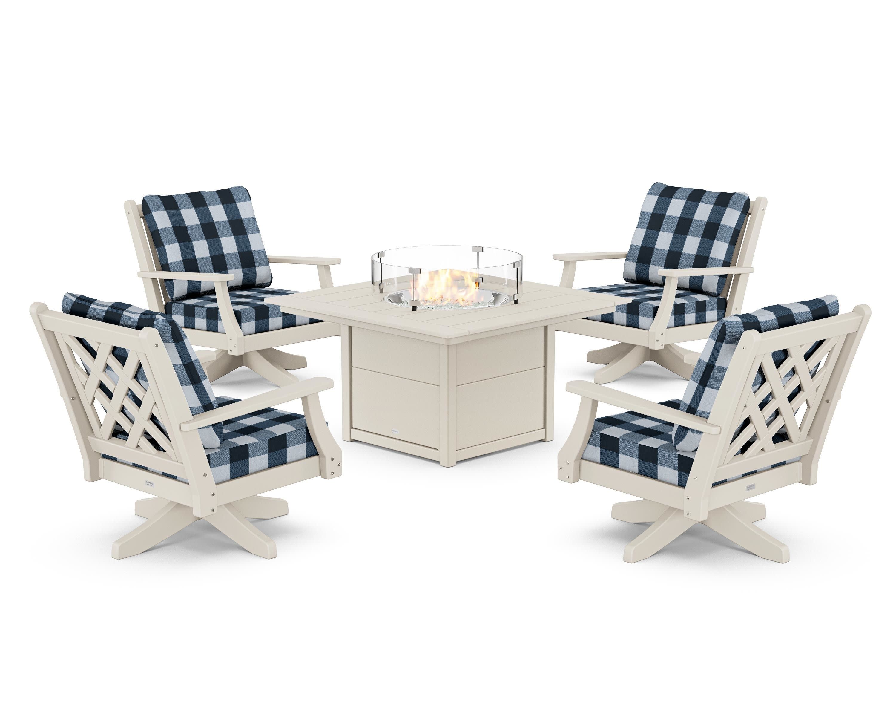 Wovendale 5-Piece Deep Seating Swivel Conversation Set with Fire Pit Table in Sand / Buffalo Plaid Marine Indigo