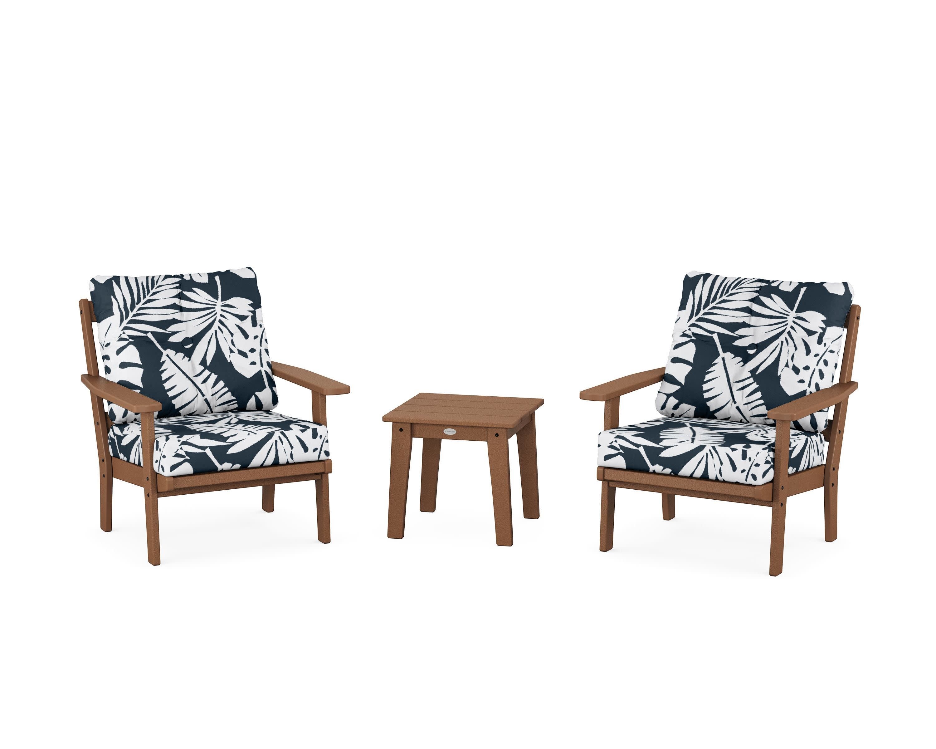 Prairie 3-Piece Deep Seating Set in Teak / Leaf Marine Indigo