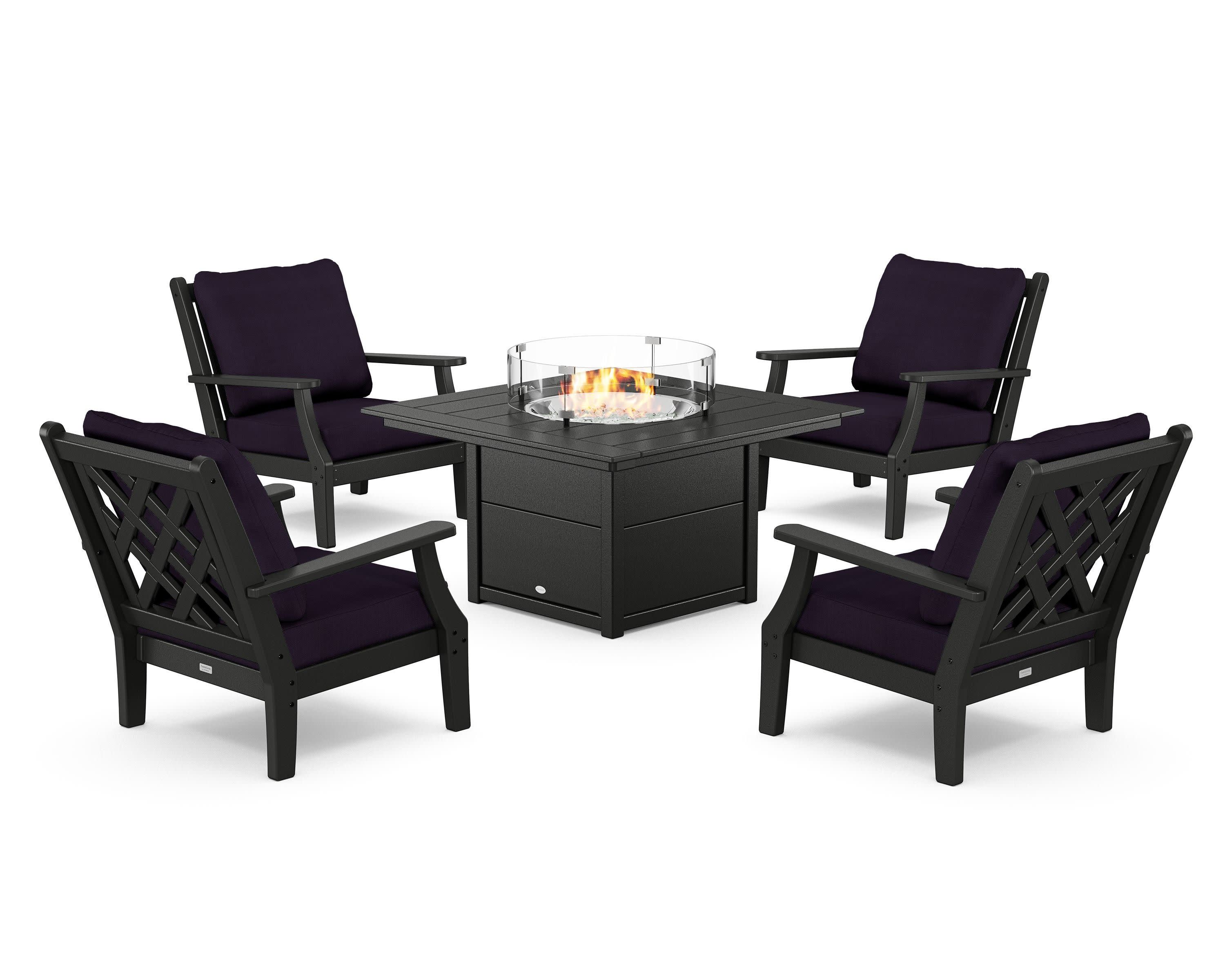 Wovendale 5-Piece Deep Seating Set with Fire Pit Table in Black / Navy Linen