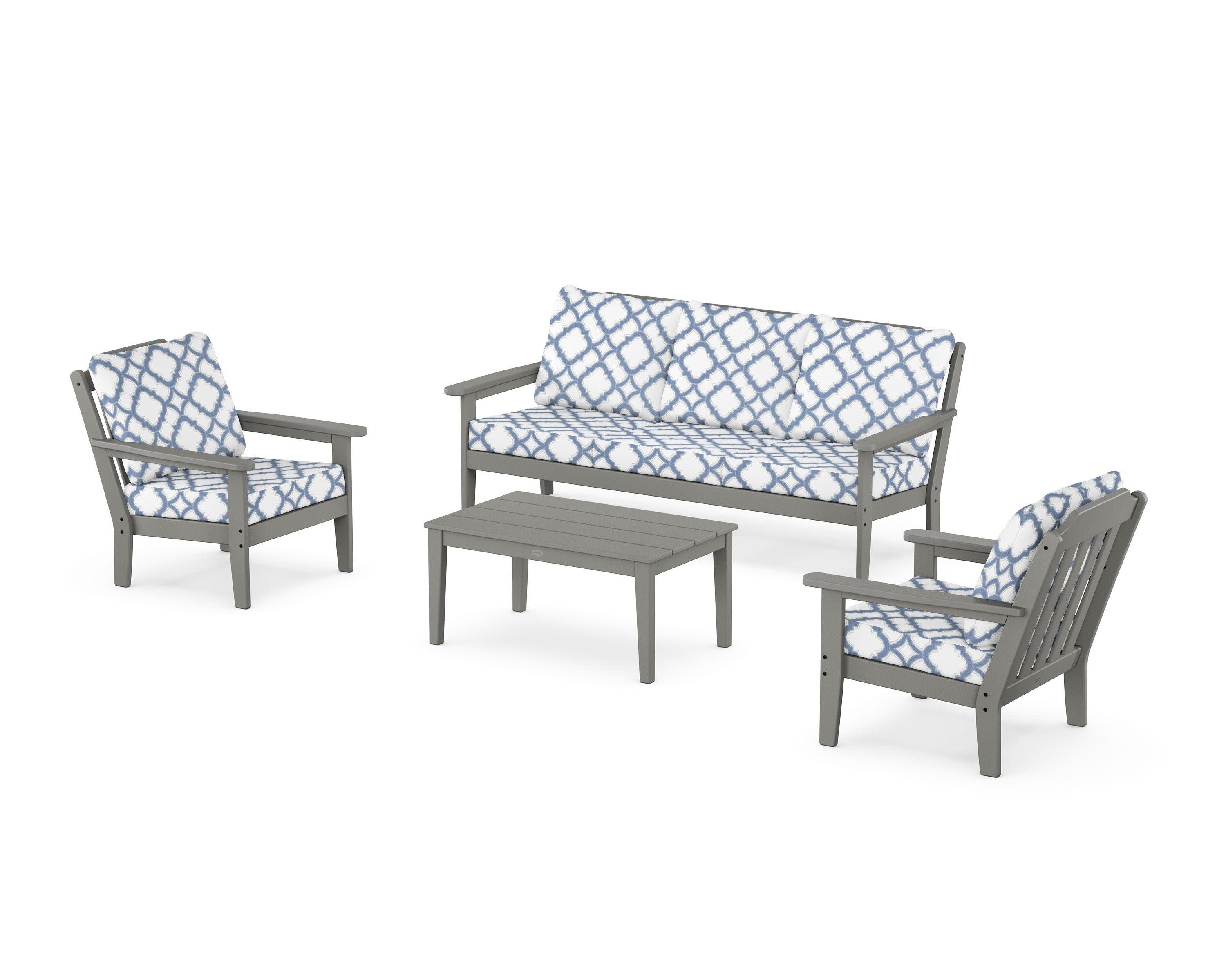 Cottage 4-Piece Deep Seating Set with Sofa in Slate Grey / Trellis Sky Blue
