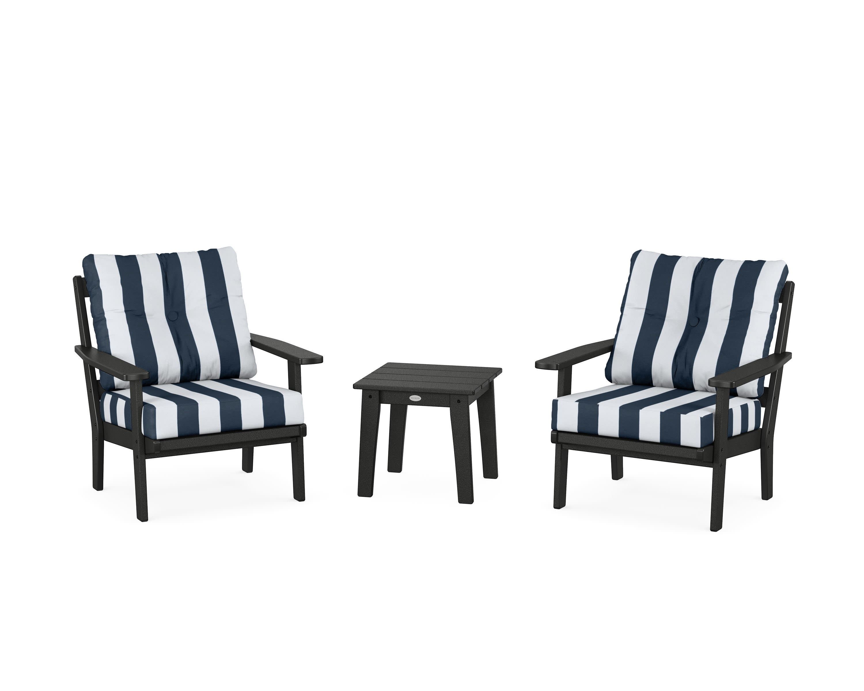 Prairie 3-Piece Deep Seating Set in Black / Cabana Stripe Marine Indigo