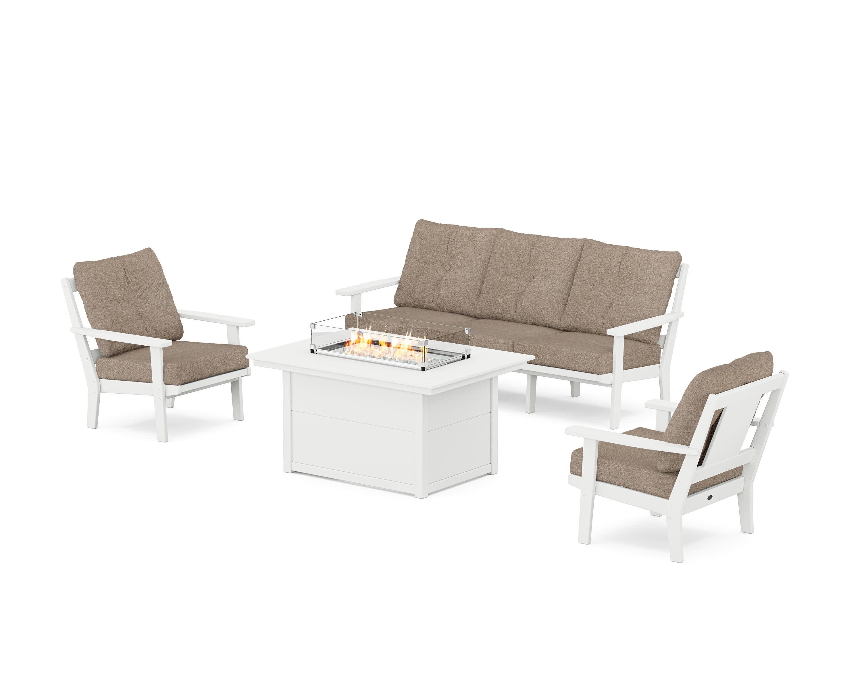 Prairie Deep Seating Fire Pit Table Set in White / Spiced Burlap