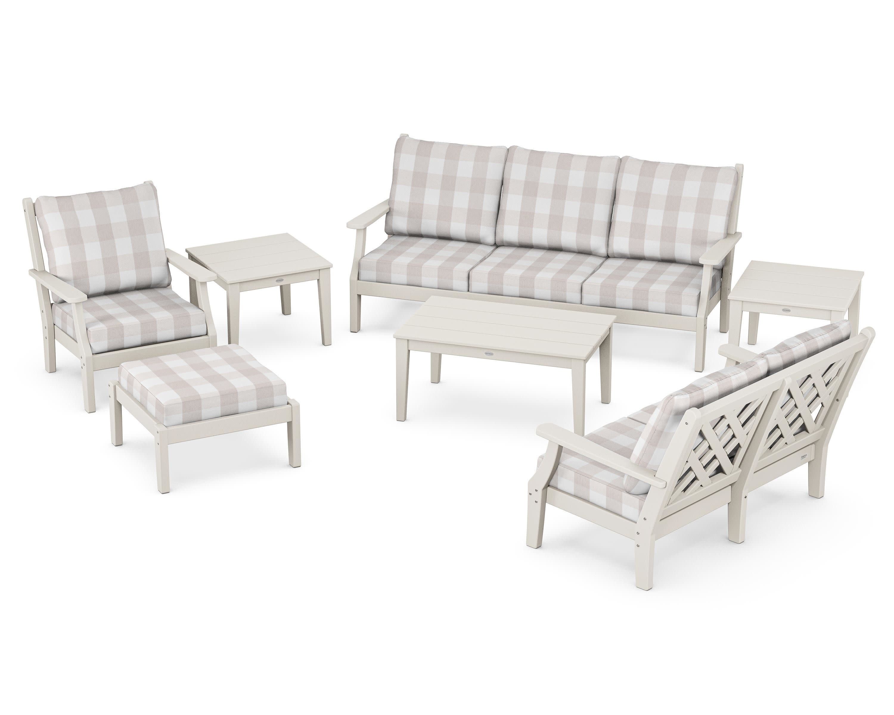 Wovendale 7-Piece Deep Seating Set in Sand / Buffalo Plaid Dune Burlap