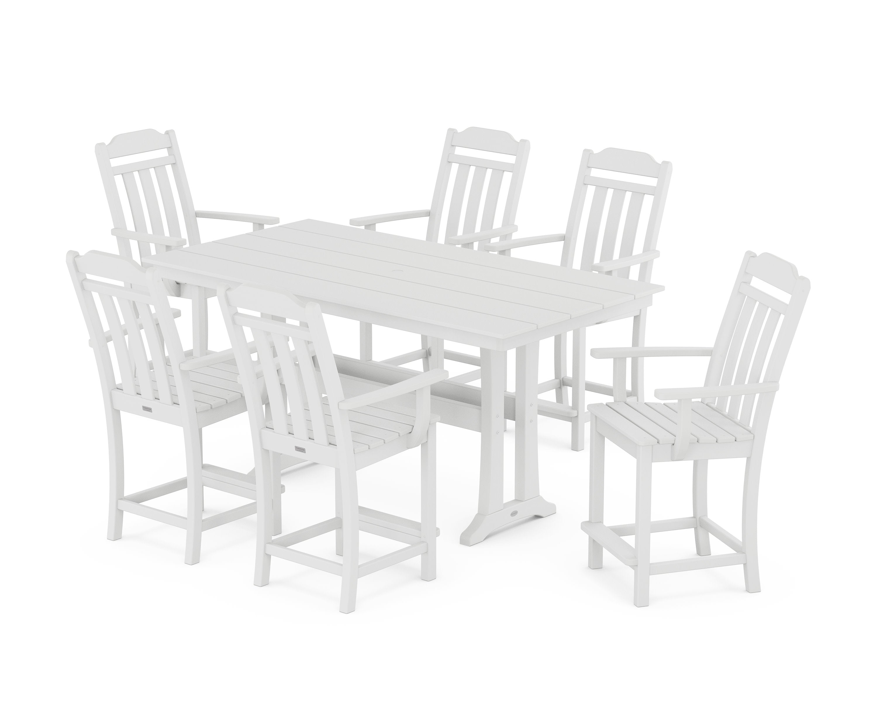 Cottage Arm Chair 7-Piece Farmhouse Counter Set with Trestle Legs in White