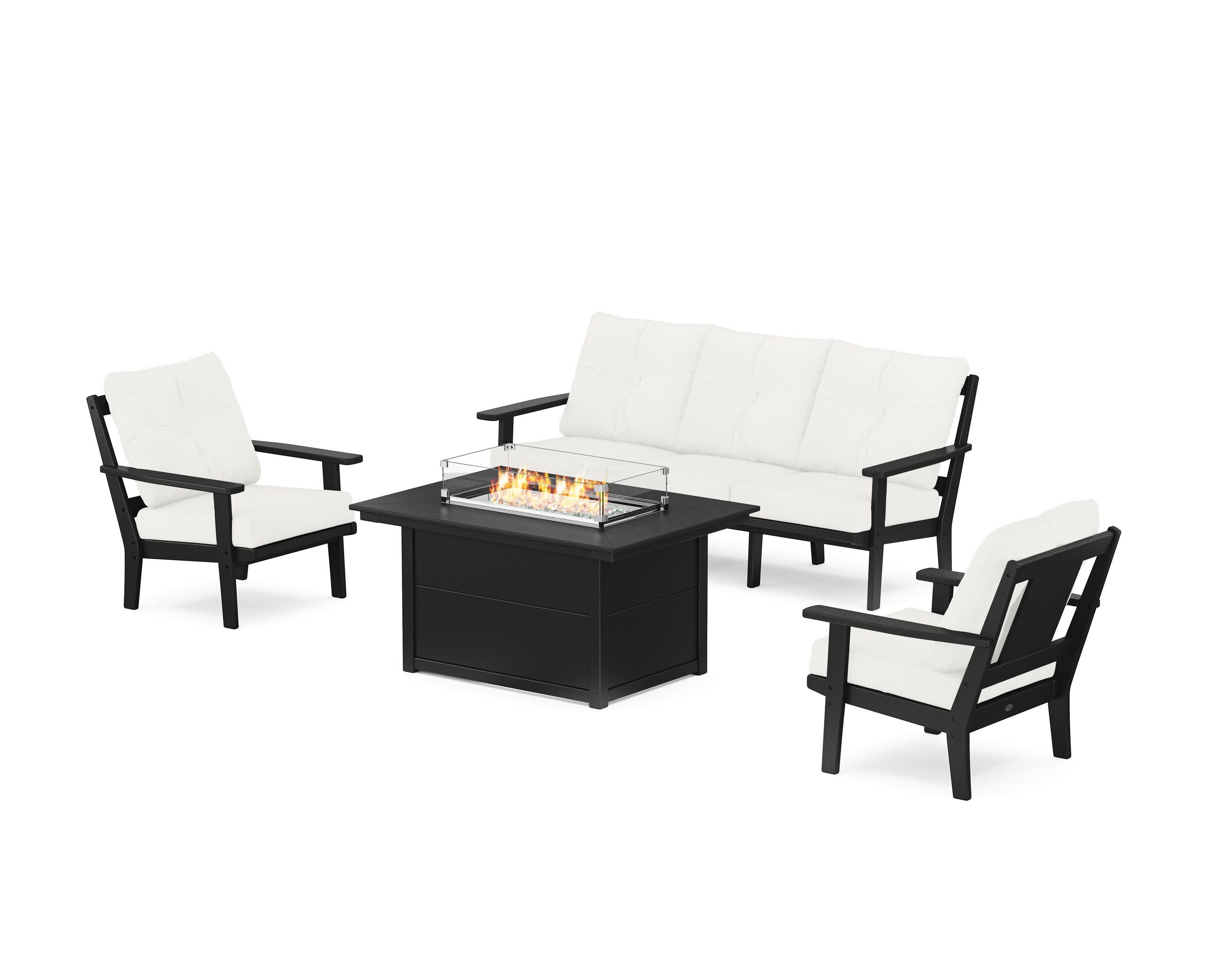 Prairie Deep Seating Fire Pit Table Set in Black / Natural Linen