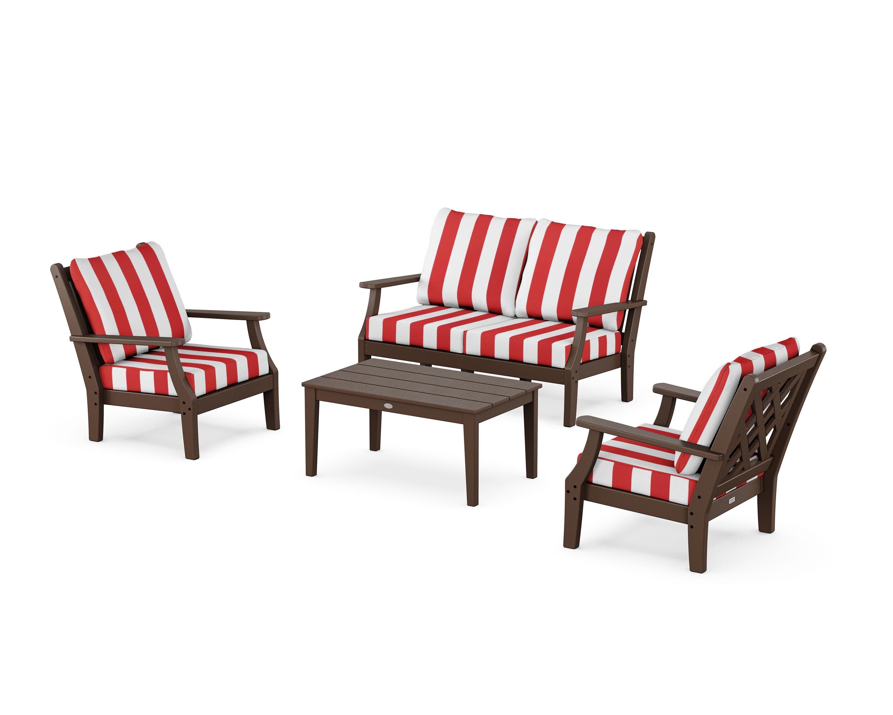 Wovendale 4-Piece Deep Seating Set with Loveseat in Mahogany / Cabana Stripe Crimson