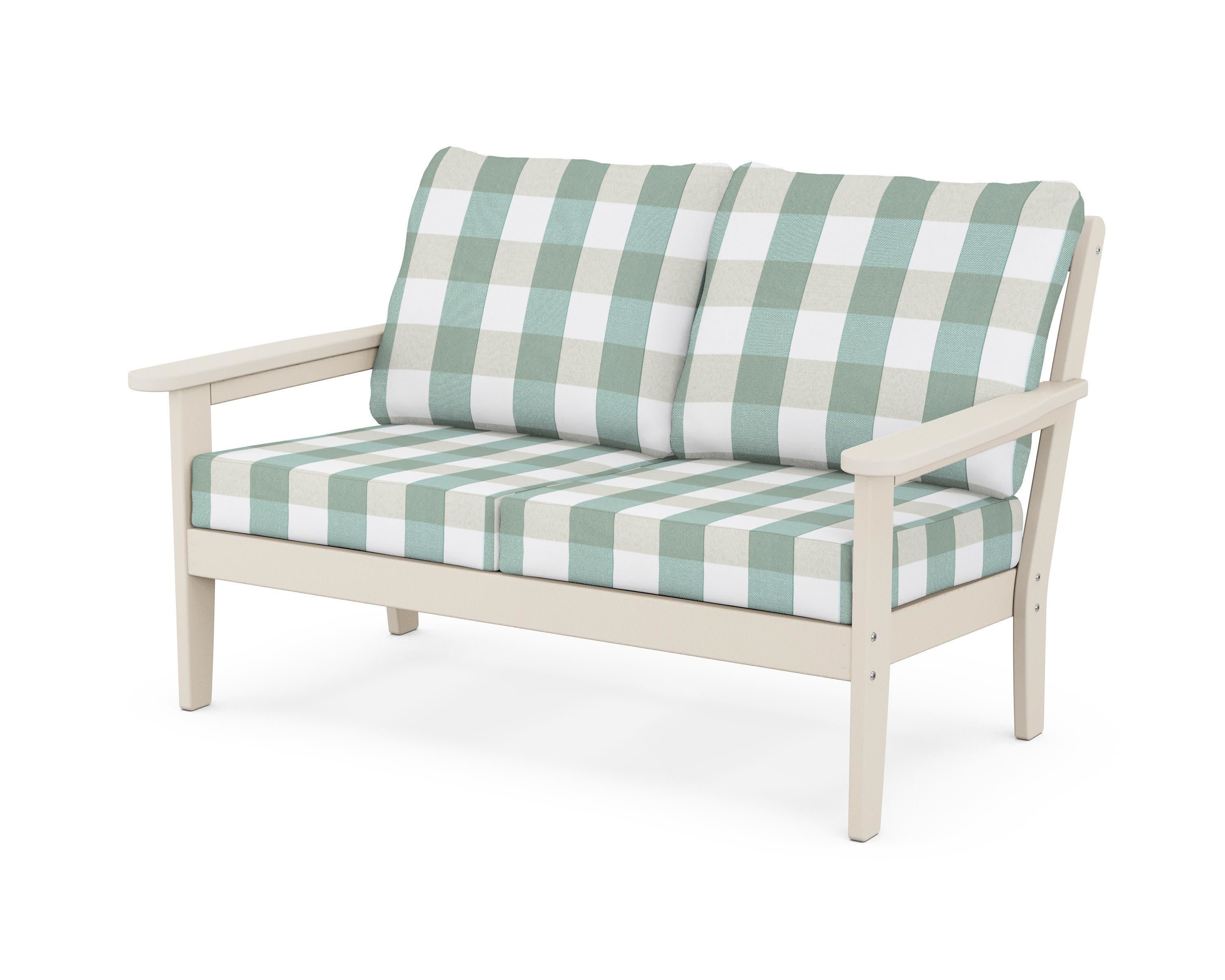 Cottage Deep Seating Loveseat in Sand / Buffalo Plaid Glacier Spa