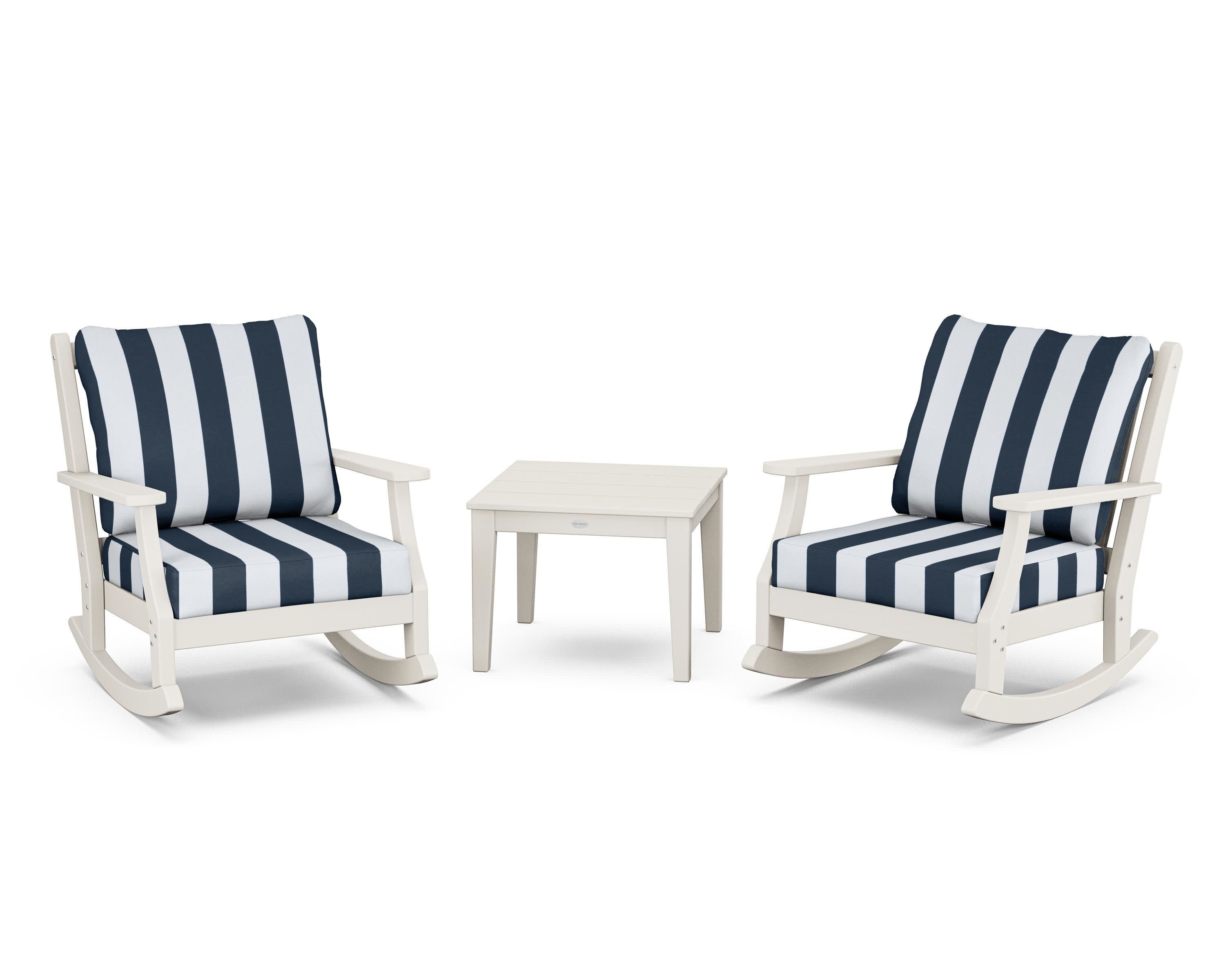 Wovendale 3-Piece Deep Seating Rocker Set in Sand / Cabana Stripe Marine Indigo