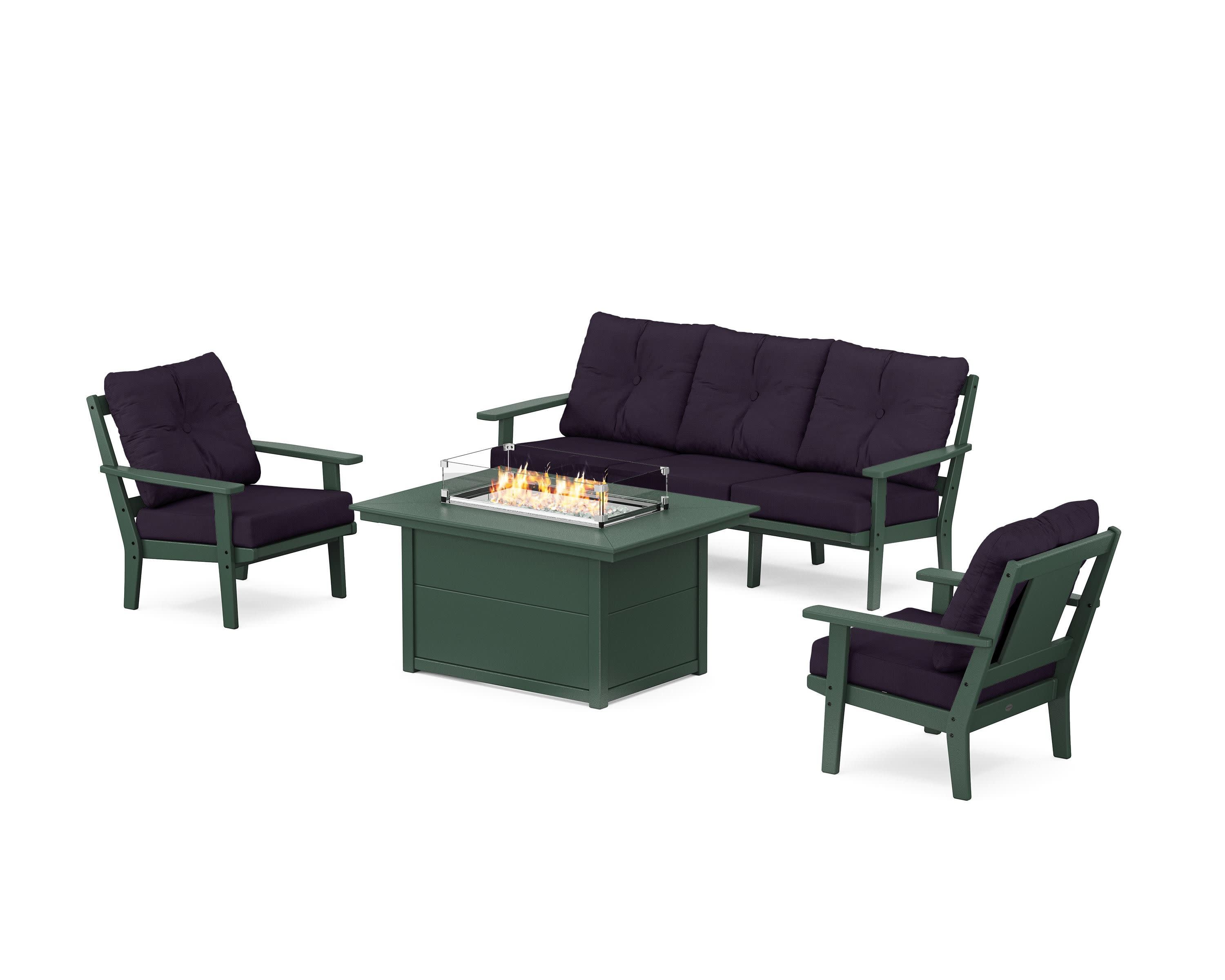 Prairie Deep Seating Fire Pit Table Set in Green / Navy Linen