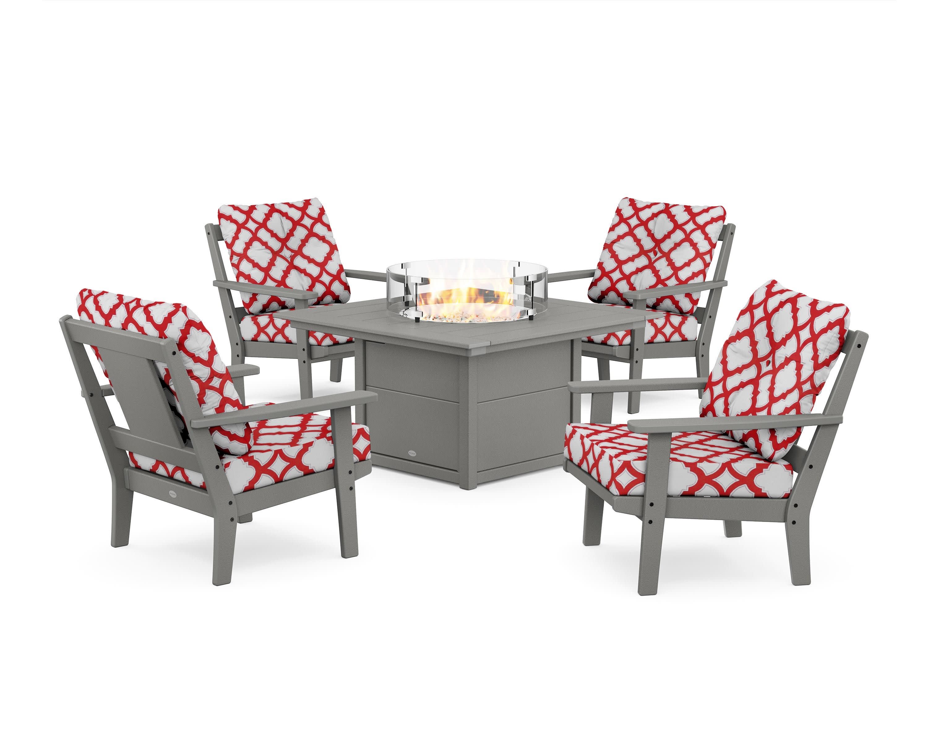 Prairie 5-Piece Deep Seating Set with Fire Pit Table in Slate Grey / Trellis Crimson