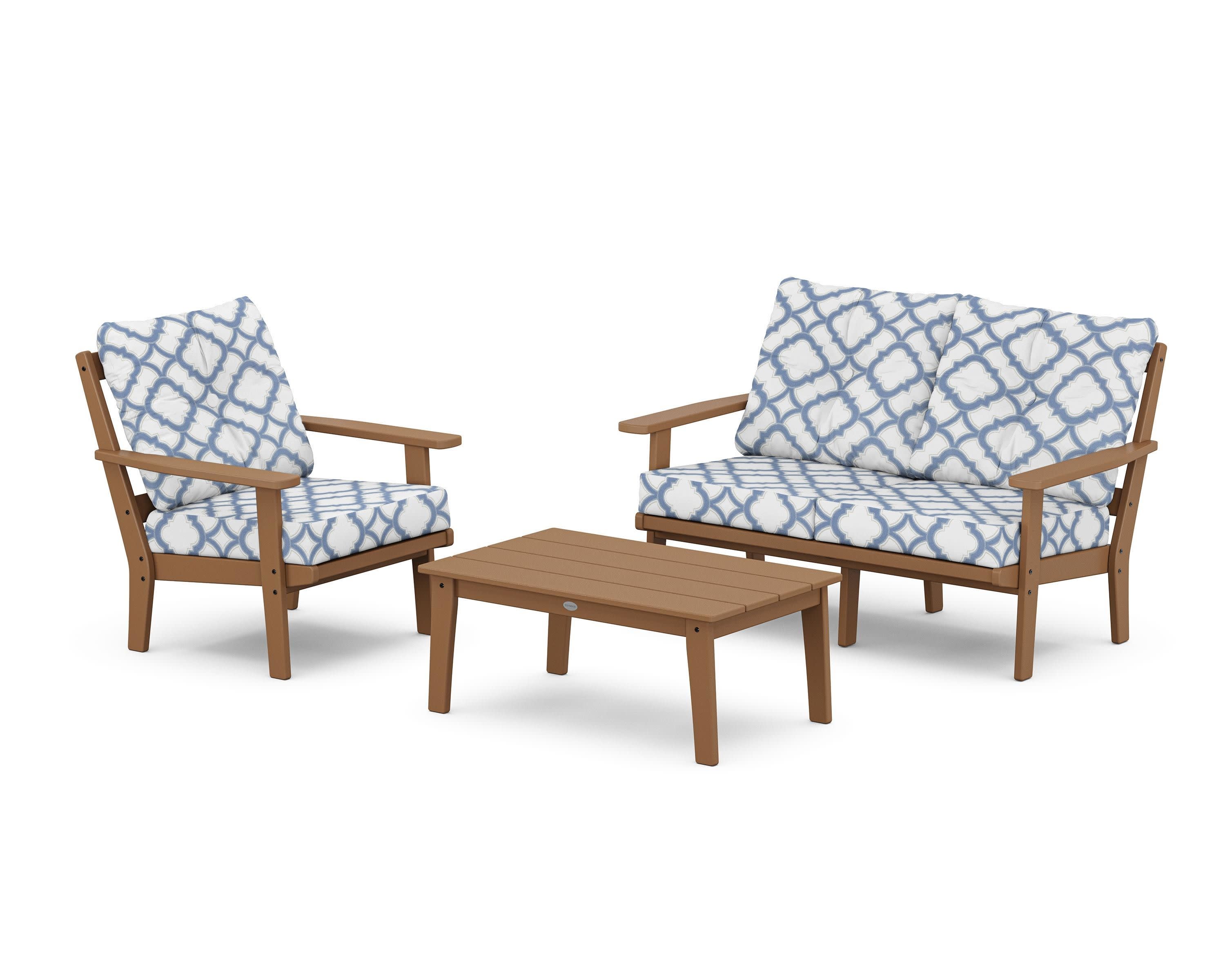 Prairie 3-Piece Deep Seating Set with Loveseat in Teak / Trellis Sky Blue