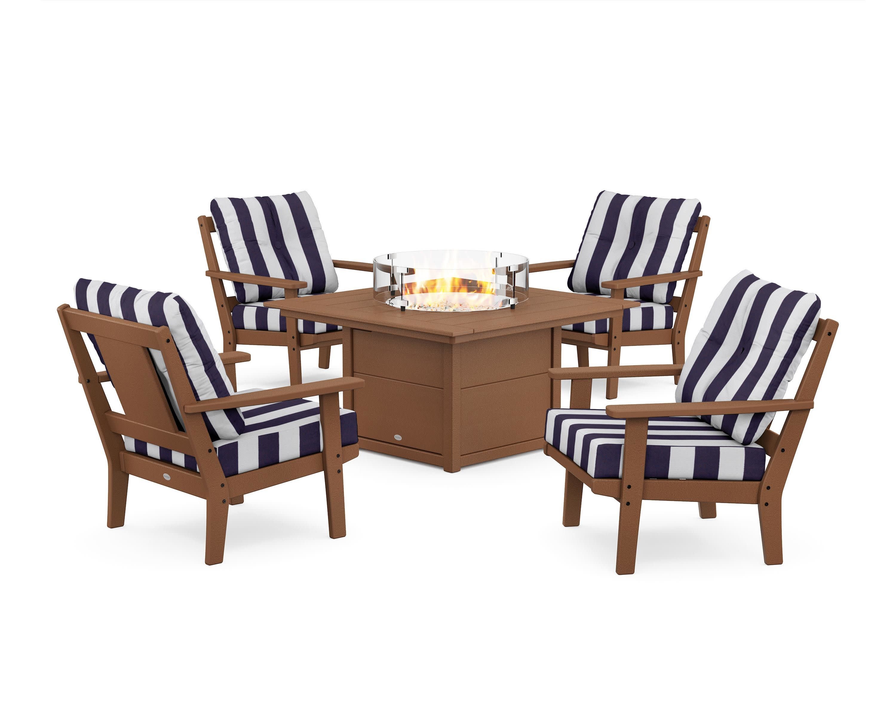 Prairie 5-Piece Deep Seating Set with Fire Pit Table in Teak / Cabana Stripe Navy