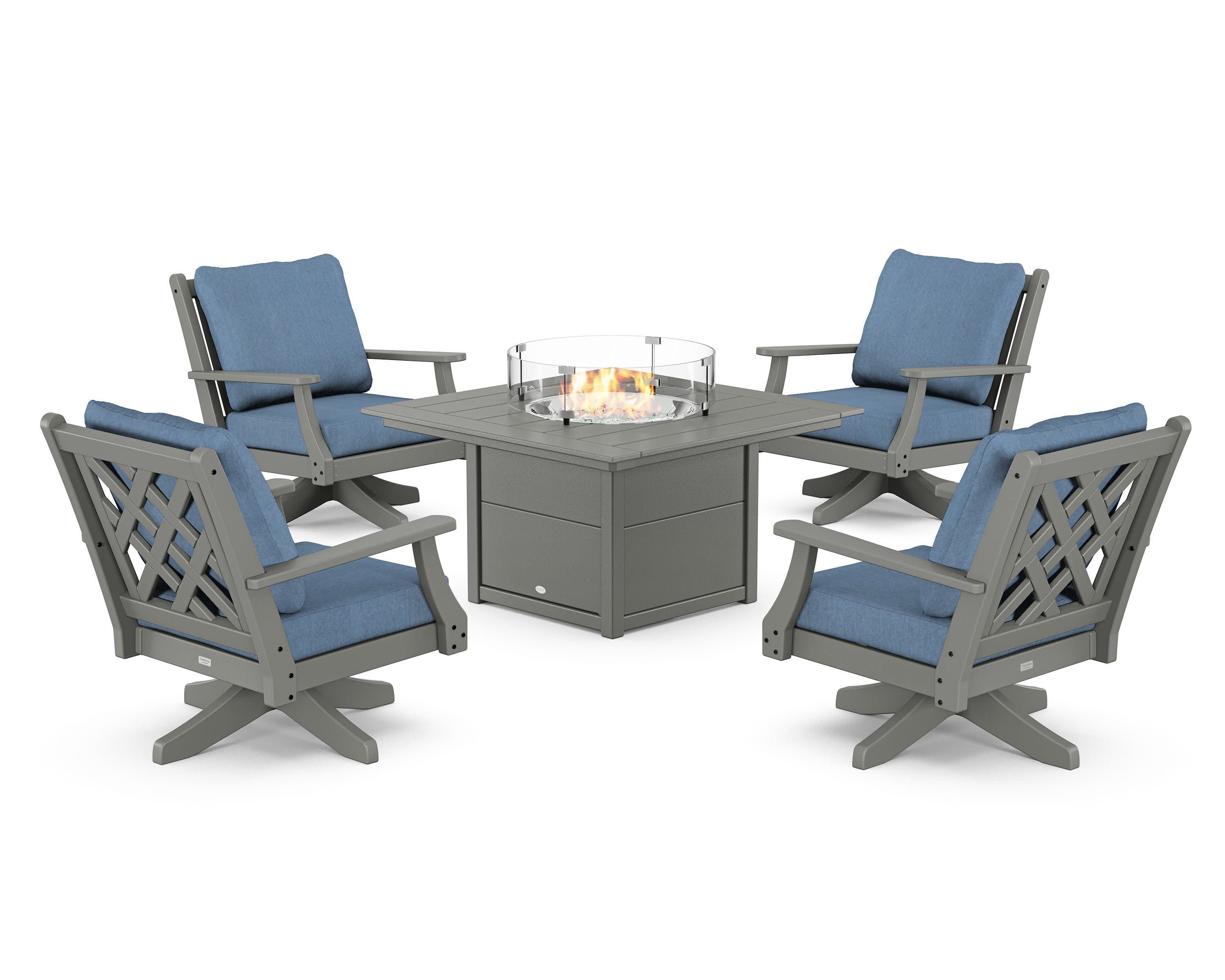 Wovendale 5-Piece Deep Seating Swivel Conversation Set with Fire Pit Table in Slate Grey / Sky Blue