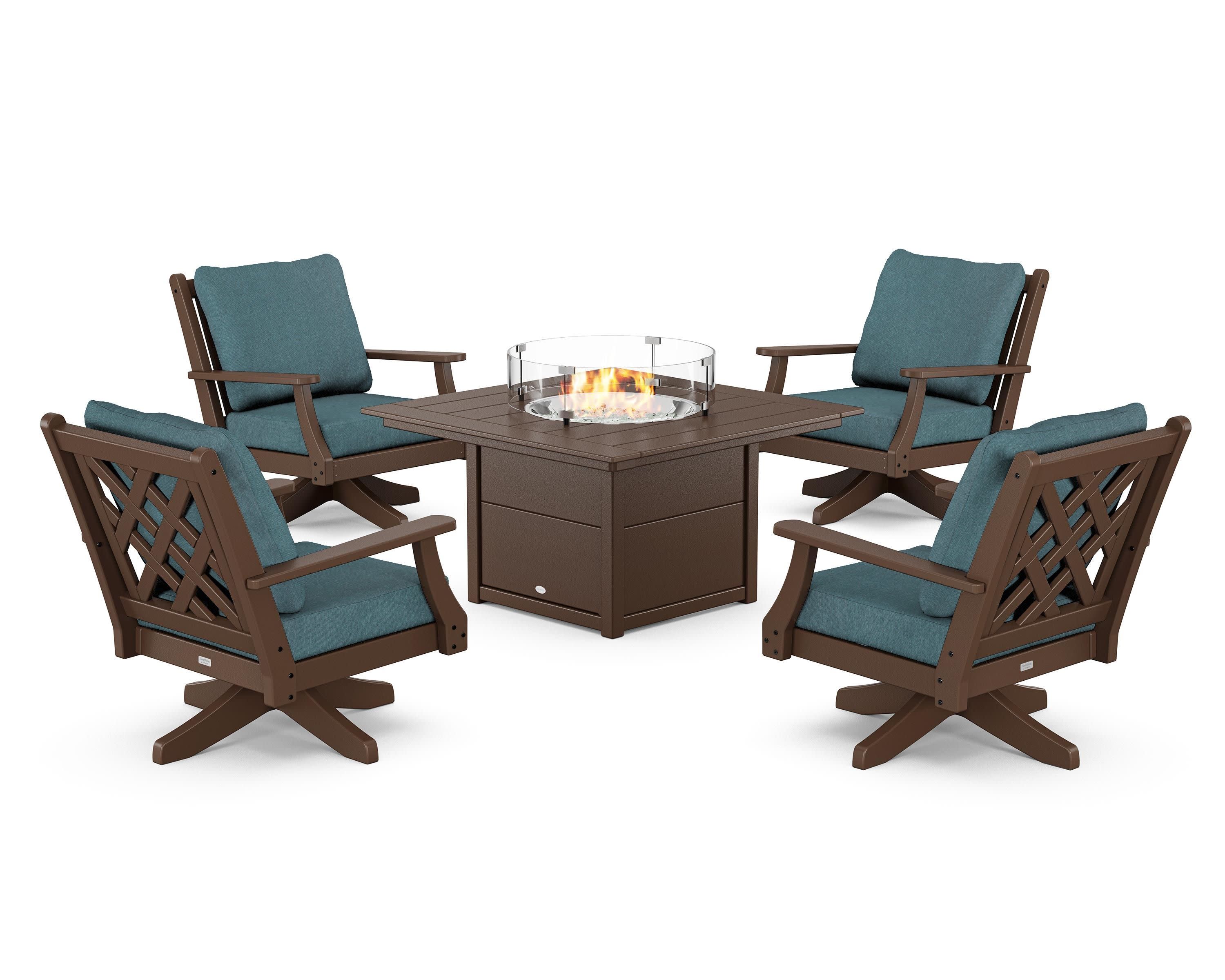 Wovendale 5-Piece Deep Seating Swivel Conversation Set with Fire Pit Table in Mahogany / Ocean Teal