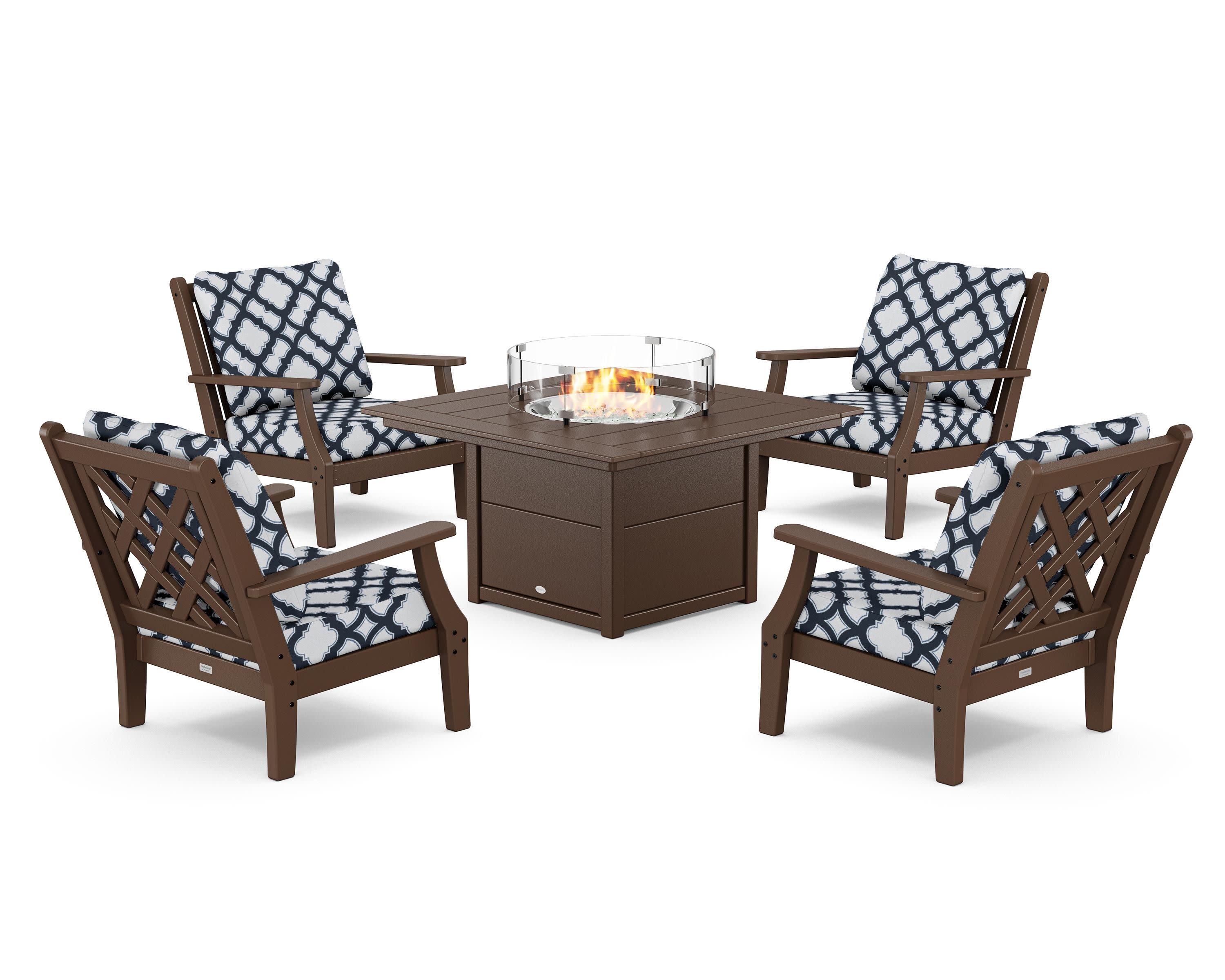 Wovendale 5-Piece Deep Seating Set with Fire Pit Table in Mahogany / Trellis Marine Indigo