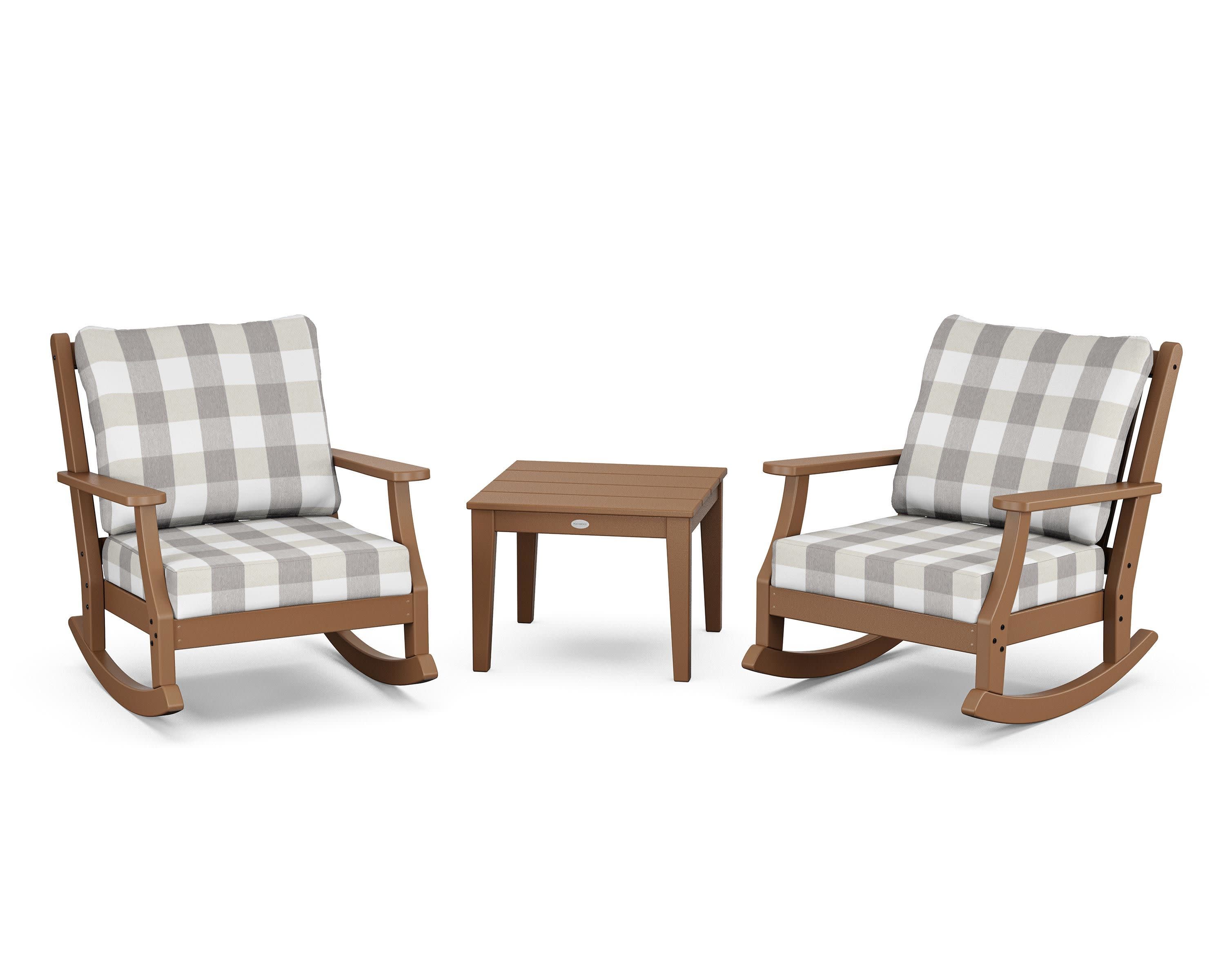 Wovendale 3-Piece Deep Seating Rocker Set in Teak / Buffalo Plaid Grey Mist