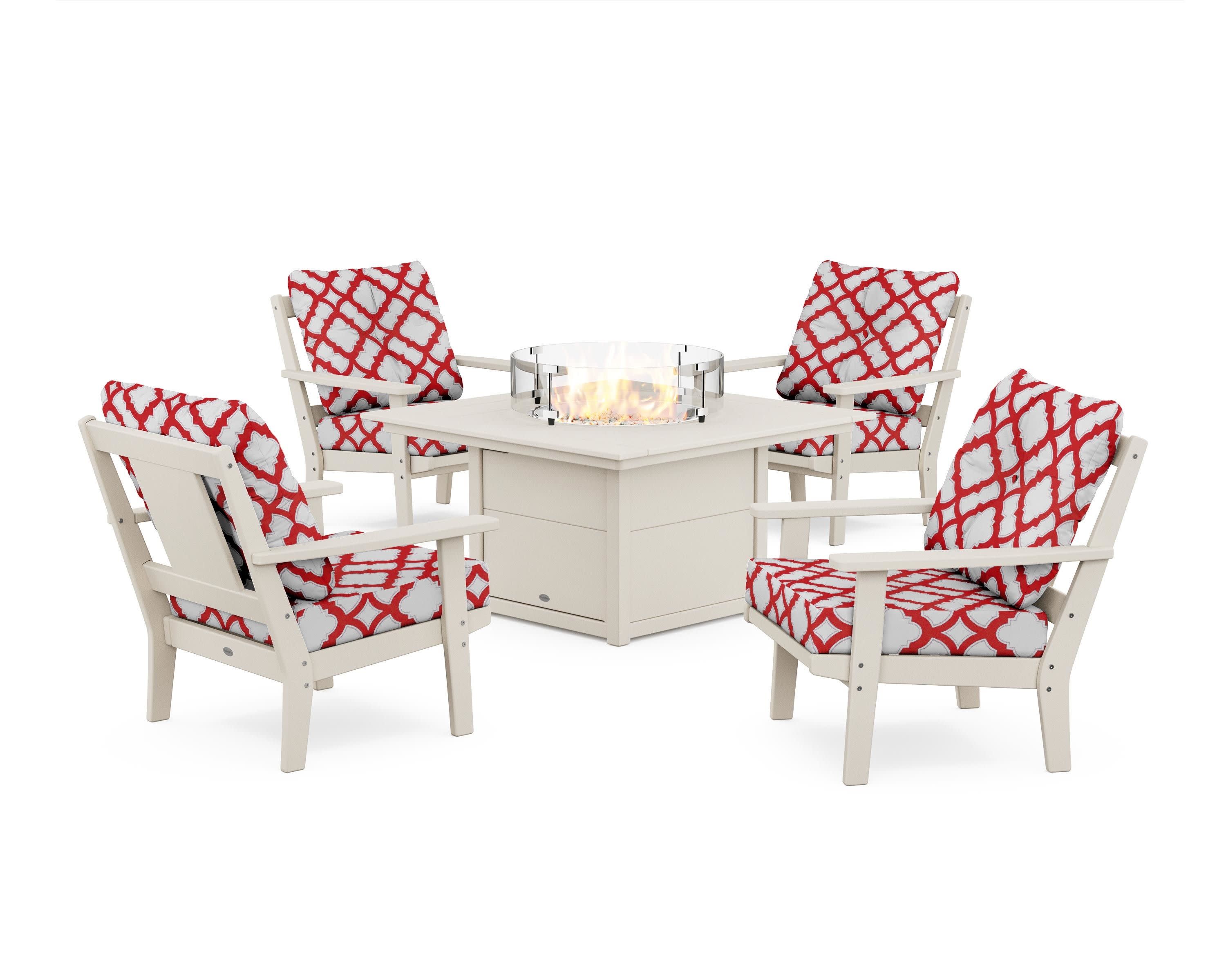 Prairie 5-Piece Deep Seating Set with Fire Pit Table in Sand / Trellis Crimson