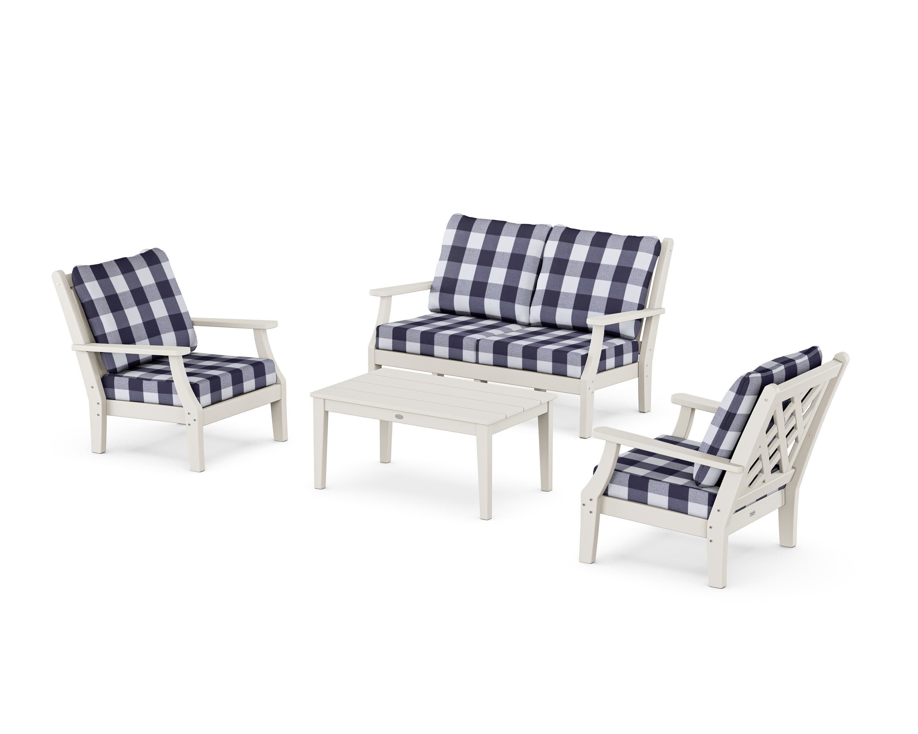 Wovendale 4-Piece Deep Seating Set with Loveseat in Sand / Buffalo Plaid Navy
