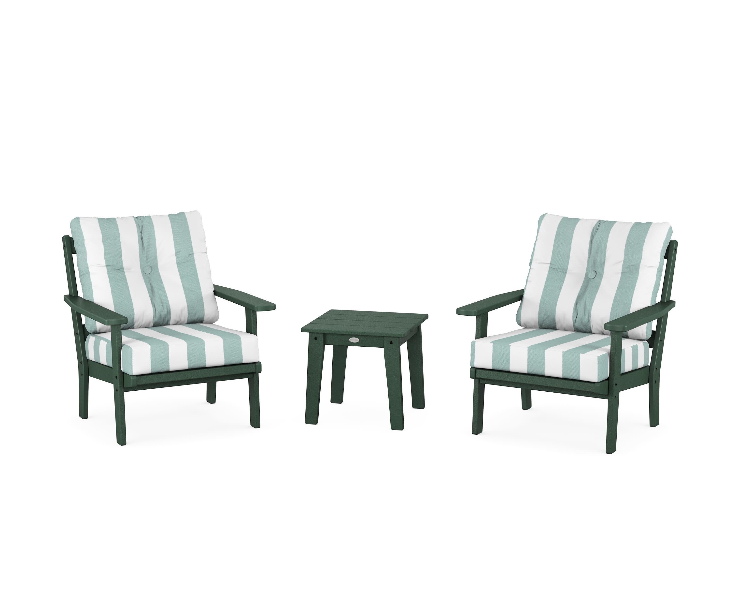 Prairie 3-Piece Deep Seating Set in Green / Cabana Stripe Glacier Spa