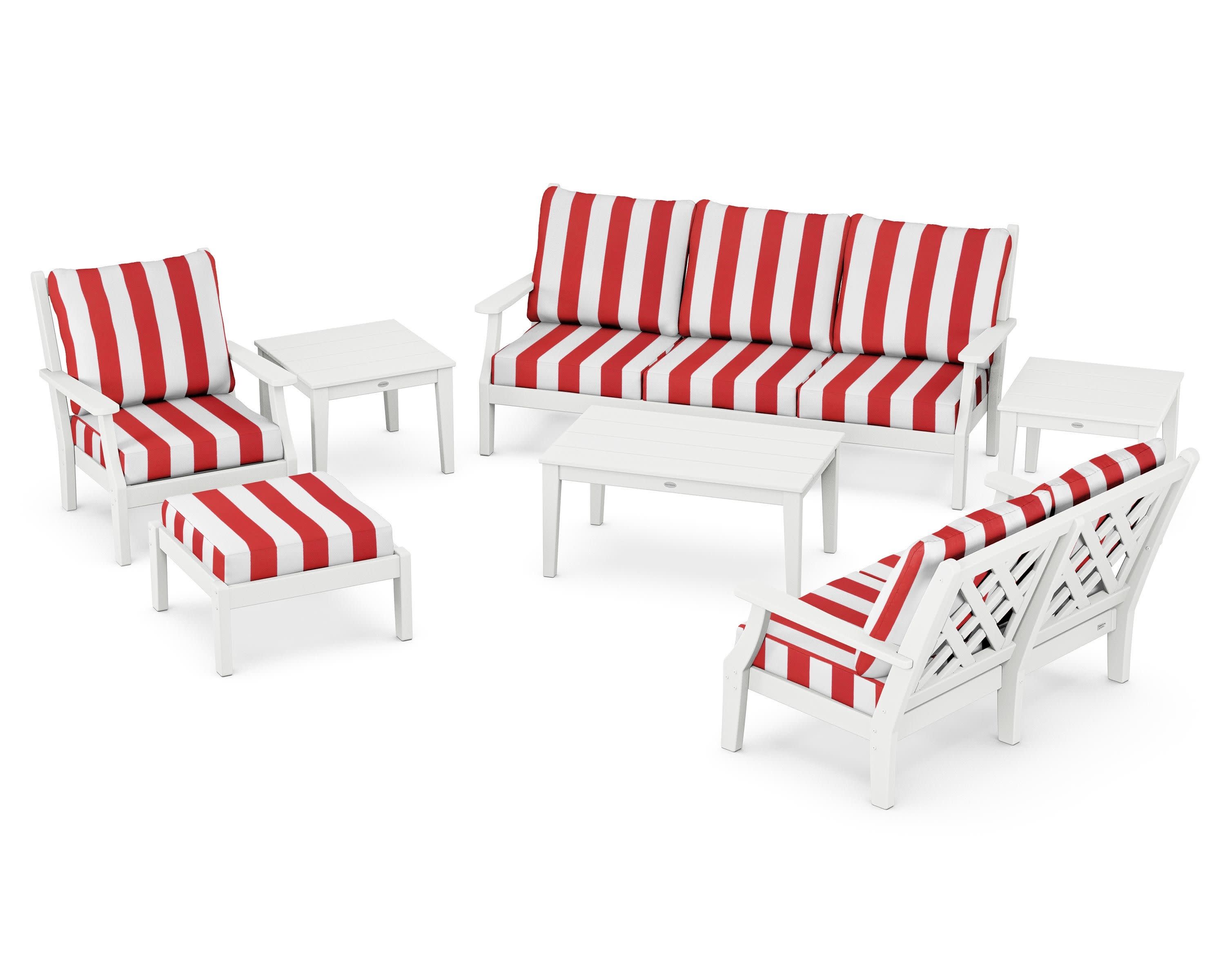 Wovendale 7-Piece Deep Seating Set in White / Cabana Stripe Crimson