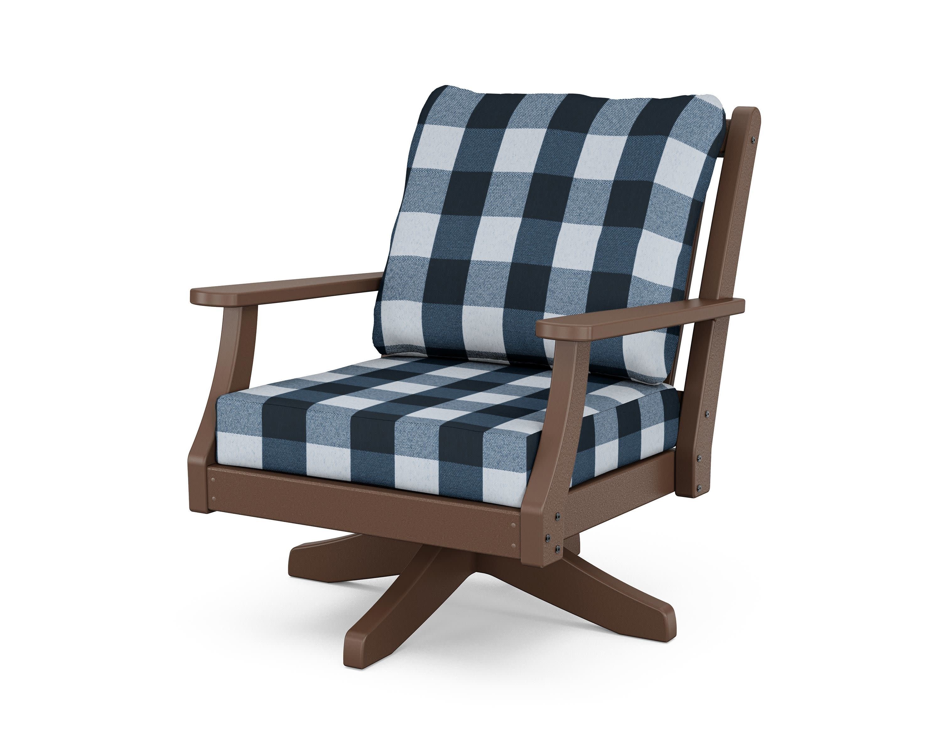 Wovendale Deep Seating Swivel Chair in Mahogany / Buffalo Plaid Marine Indigo