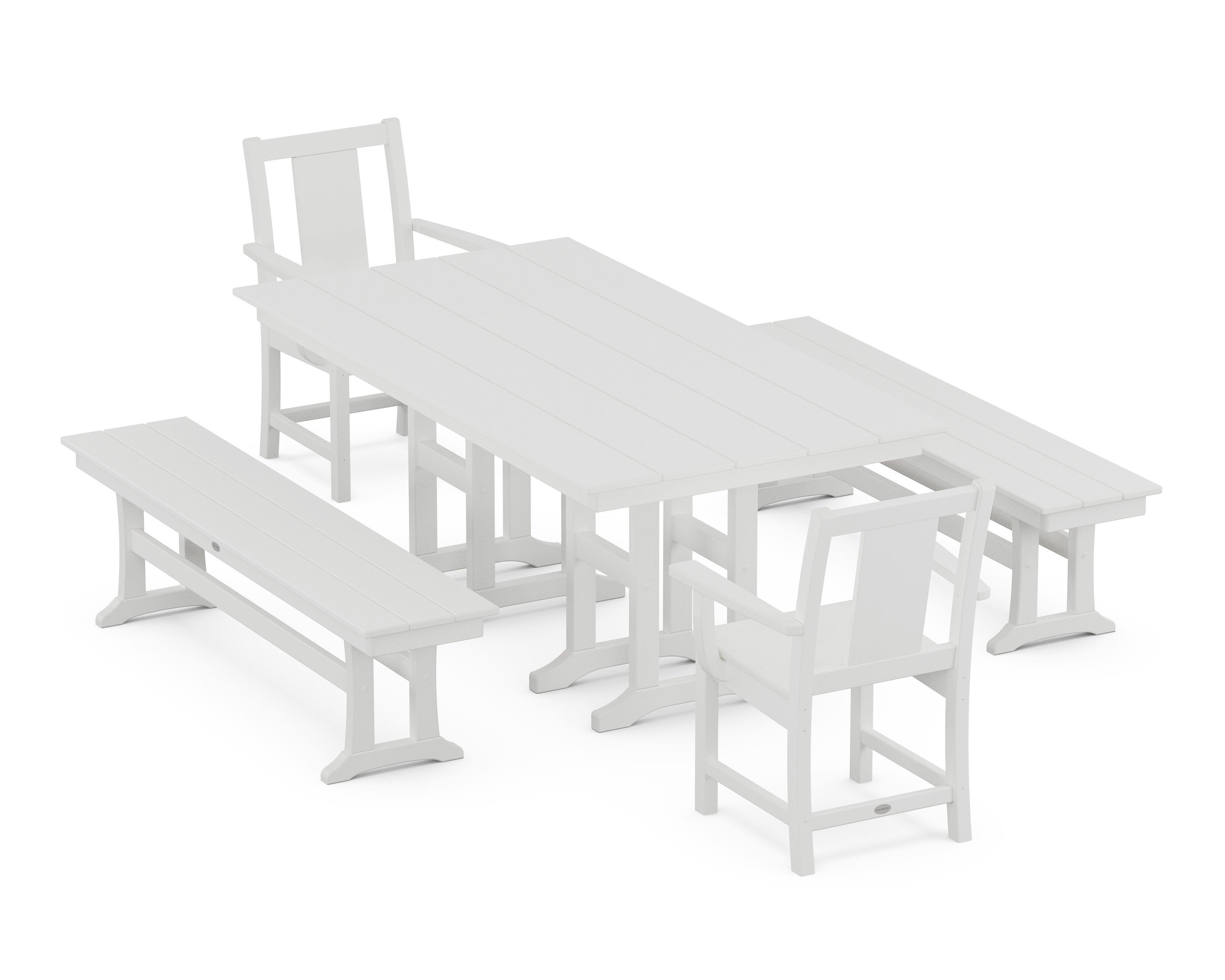 Prairie 5-Piece Farmhouse Dining Set with Benches in White