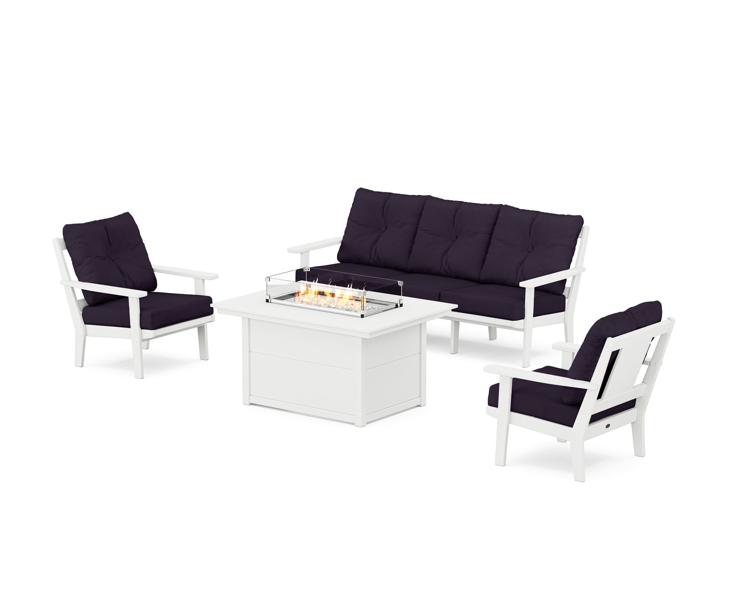 Prairie Deep Seating Fire Pit Table Set in White / Navy Linen
