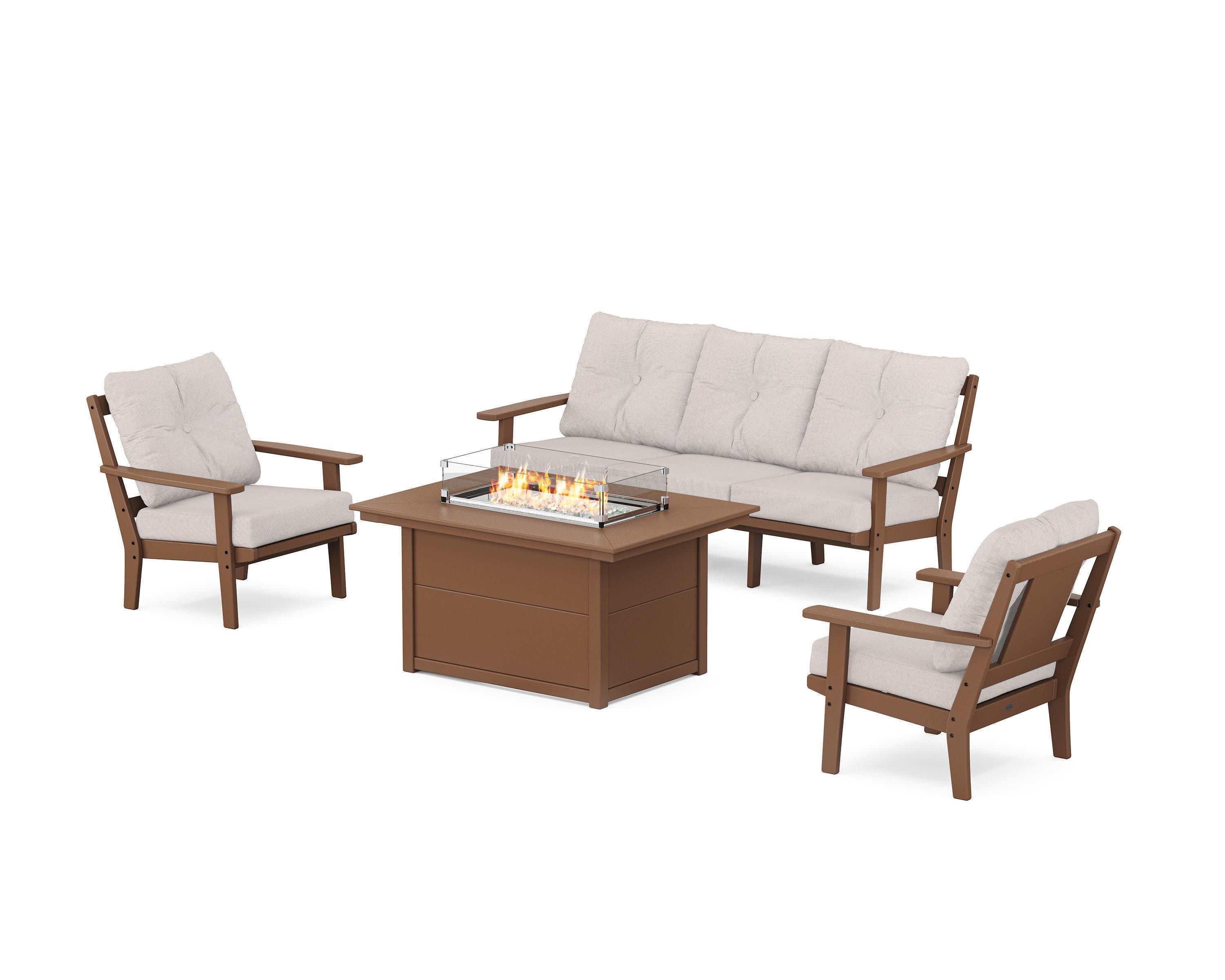 Prairie Deep Seating Fire Pit Table Set in Teak / Dune Burlap