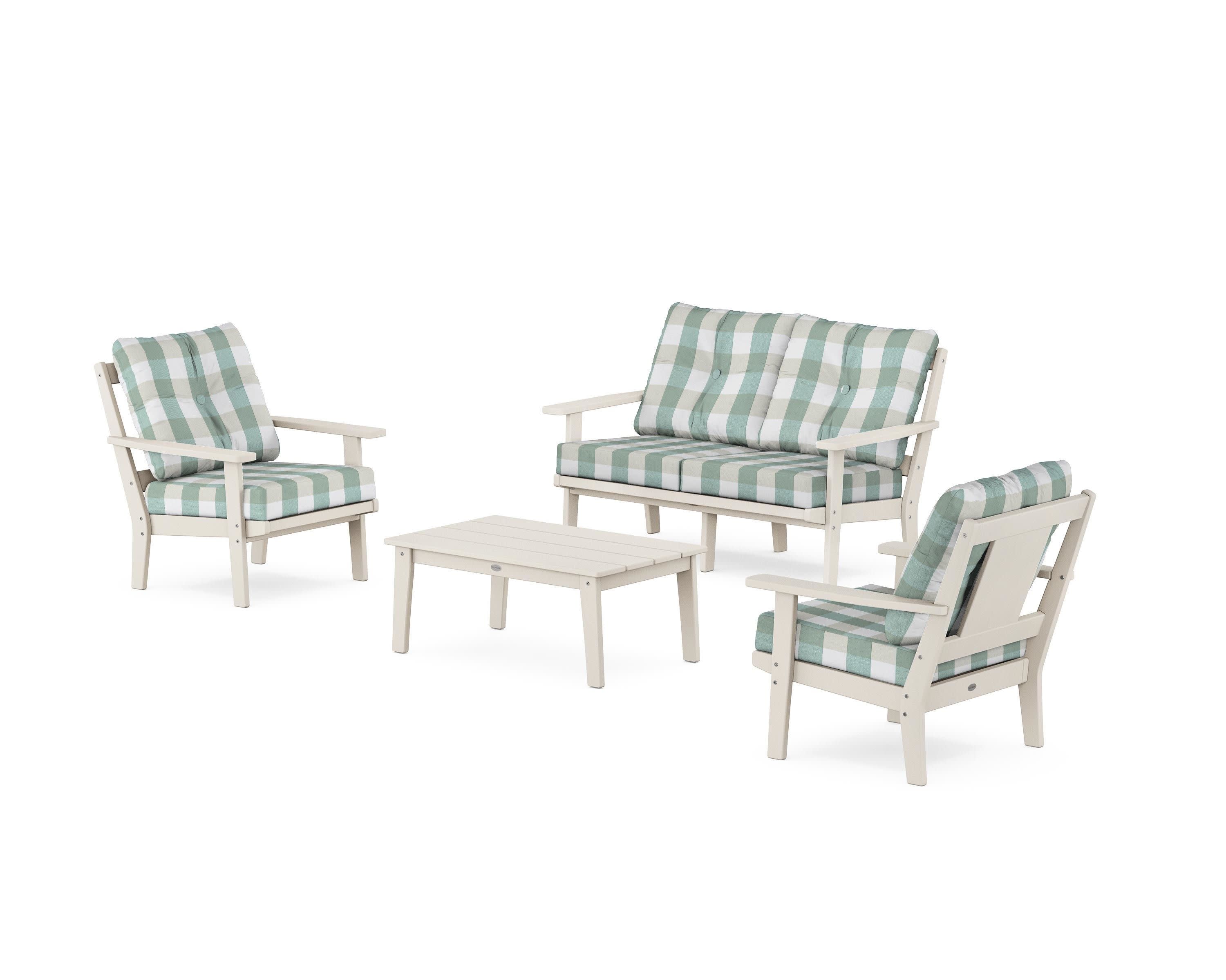 Prairie 4-Piece Deep Seating Set with Loveseat in Sand / Buffalo Plaid Glacier Spa