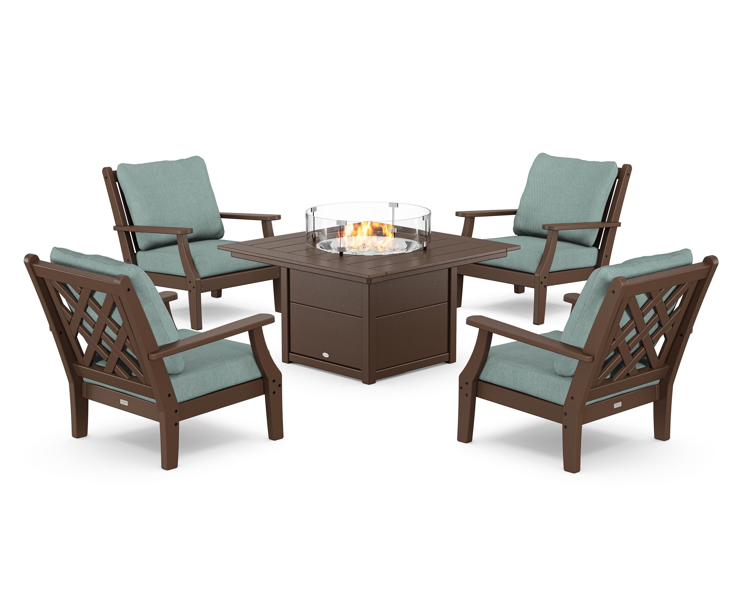 Wovendale 5-Piece Deep Seating Set with Fire Pit Table in Mahogany / Glacier Spa
