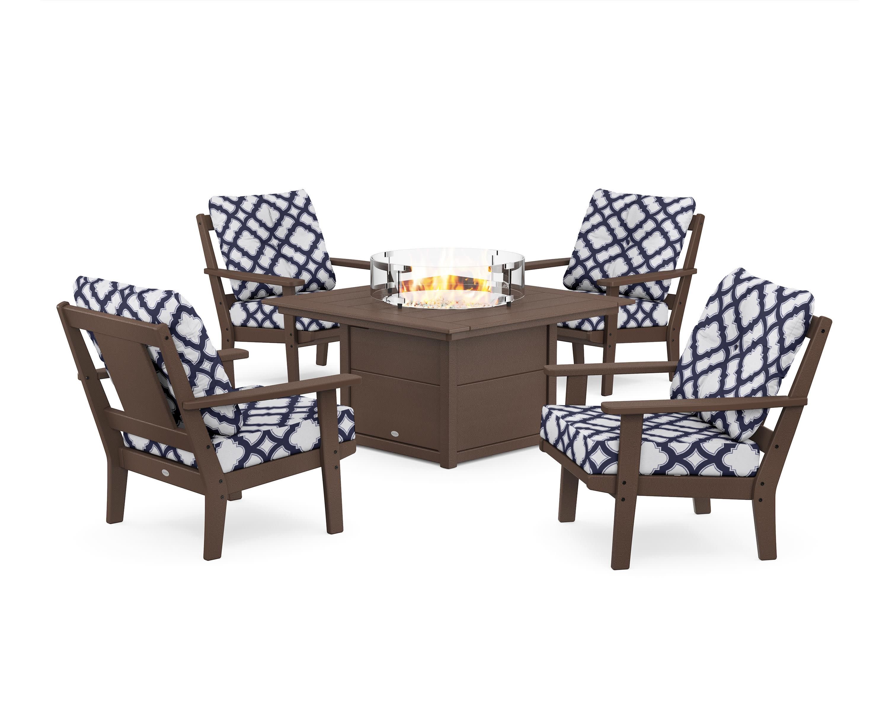 Prairie 5-Piece Deep Seating Set with Fire Pit Table in Mahogany / Trellis Navy