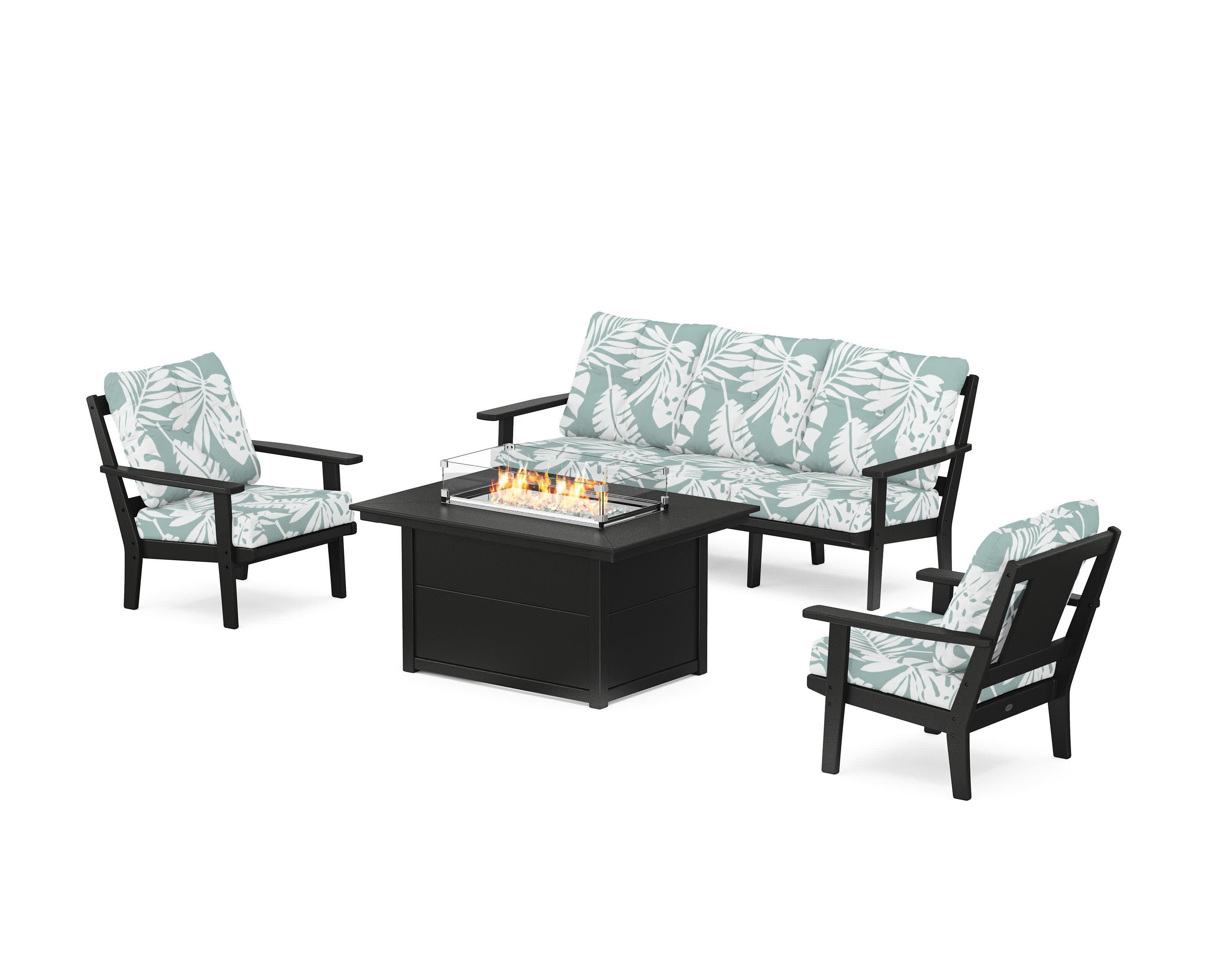 Prairie Deep Seating Fire Pit Table Set in Black / Leaf Glacier Spa