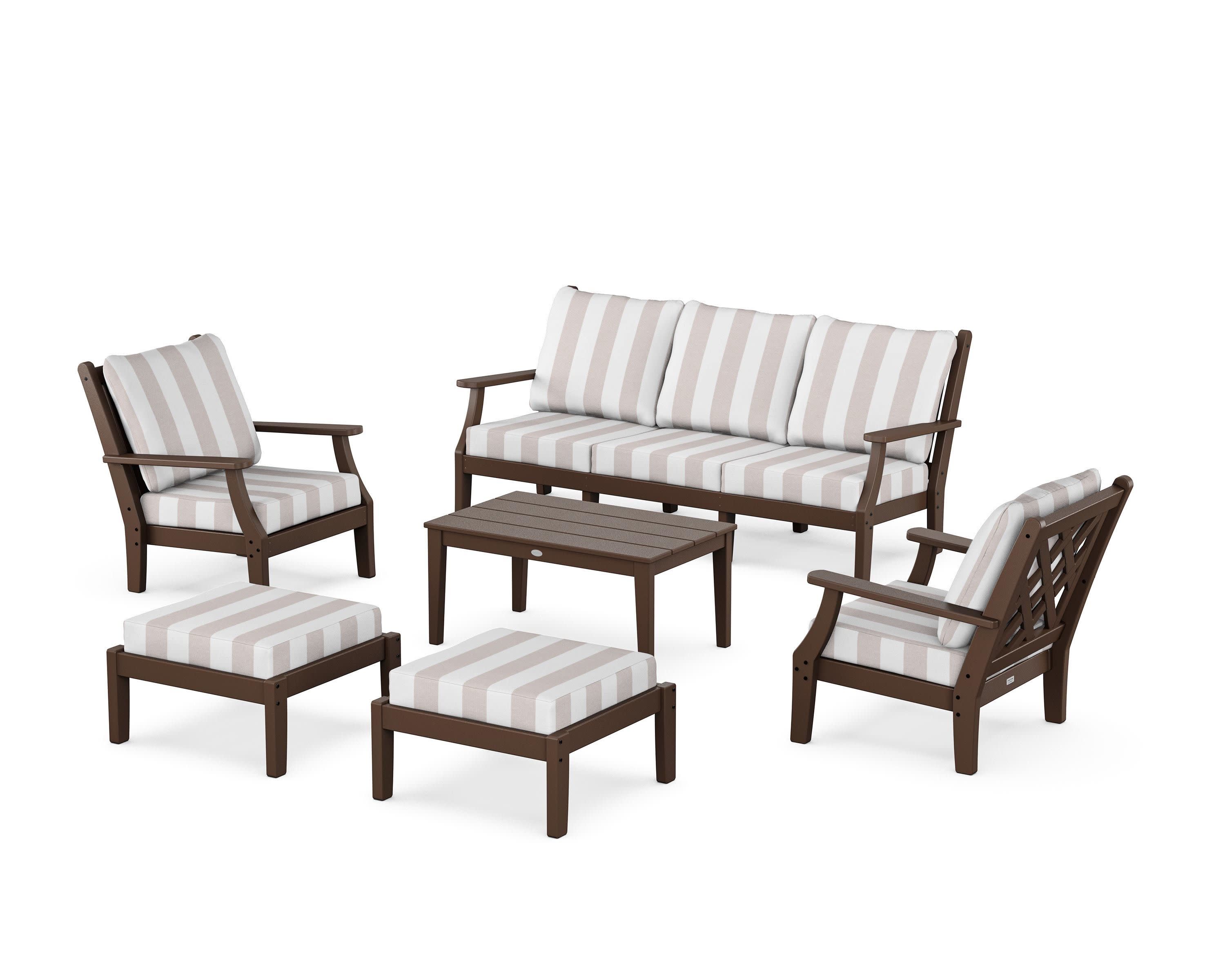 Wovendale 6-Piece Lounge Sofa Set in Mahogany / Cabana Stripe Dune Burlap