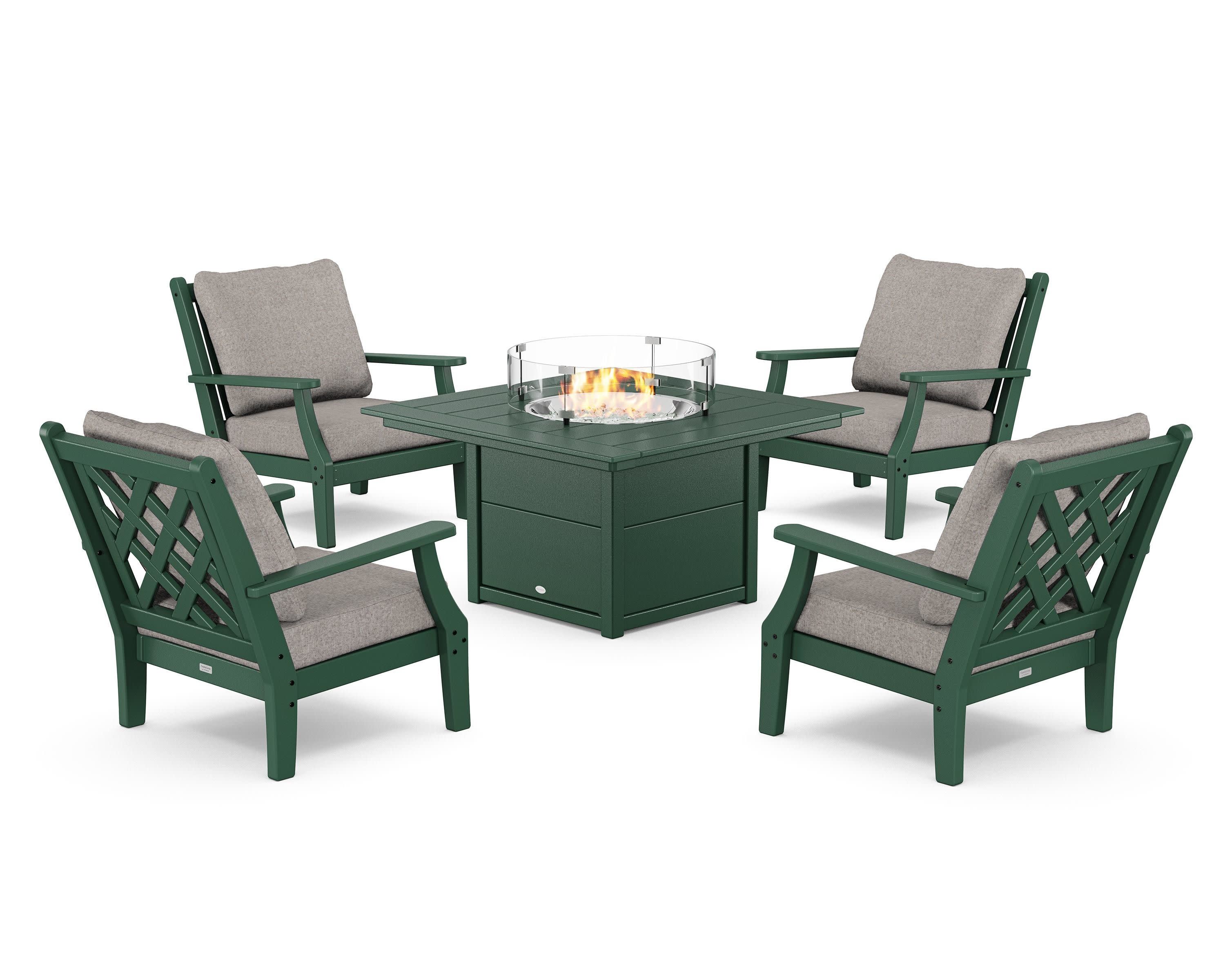 Wovendale 5-Piece Deep Seating Set with Fire Pit Table in Green / Weathered Tweed