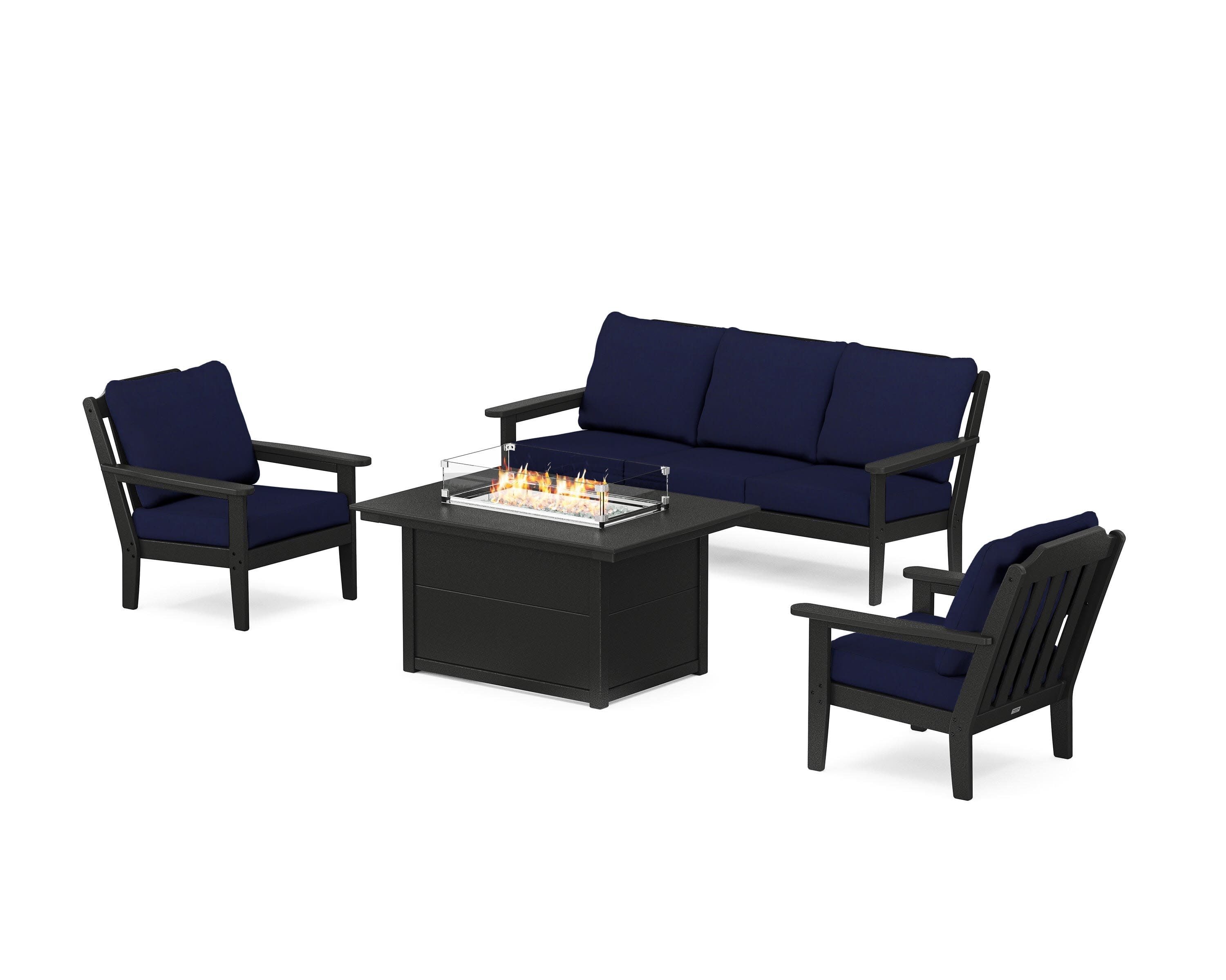 Cottage Deep Seating Fire Pit Table Set in Black / Navy