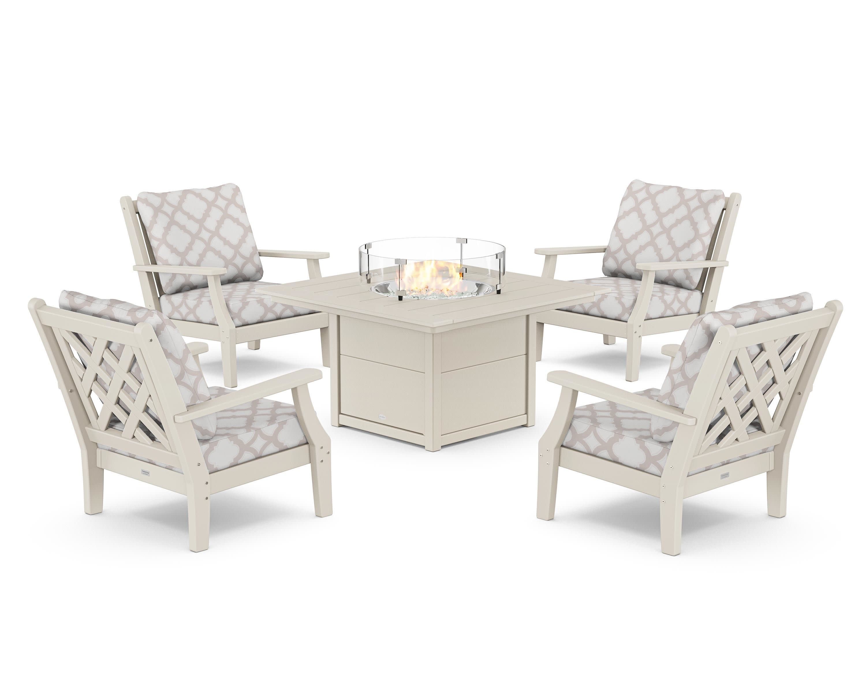 Wovendale 5-Piece Deep Seating Set with Fire Pit Table in Sand / Trellis Dune Burlap