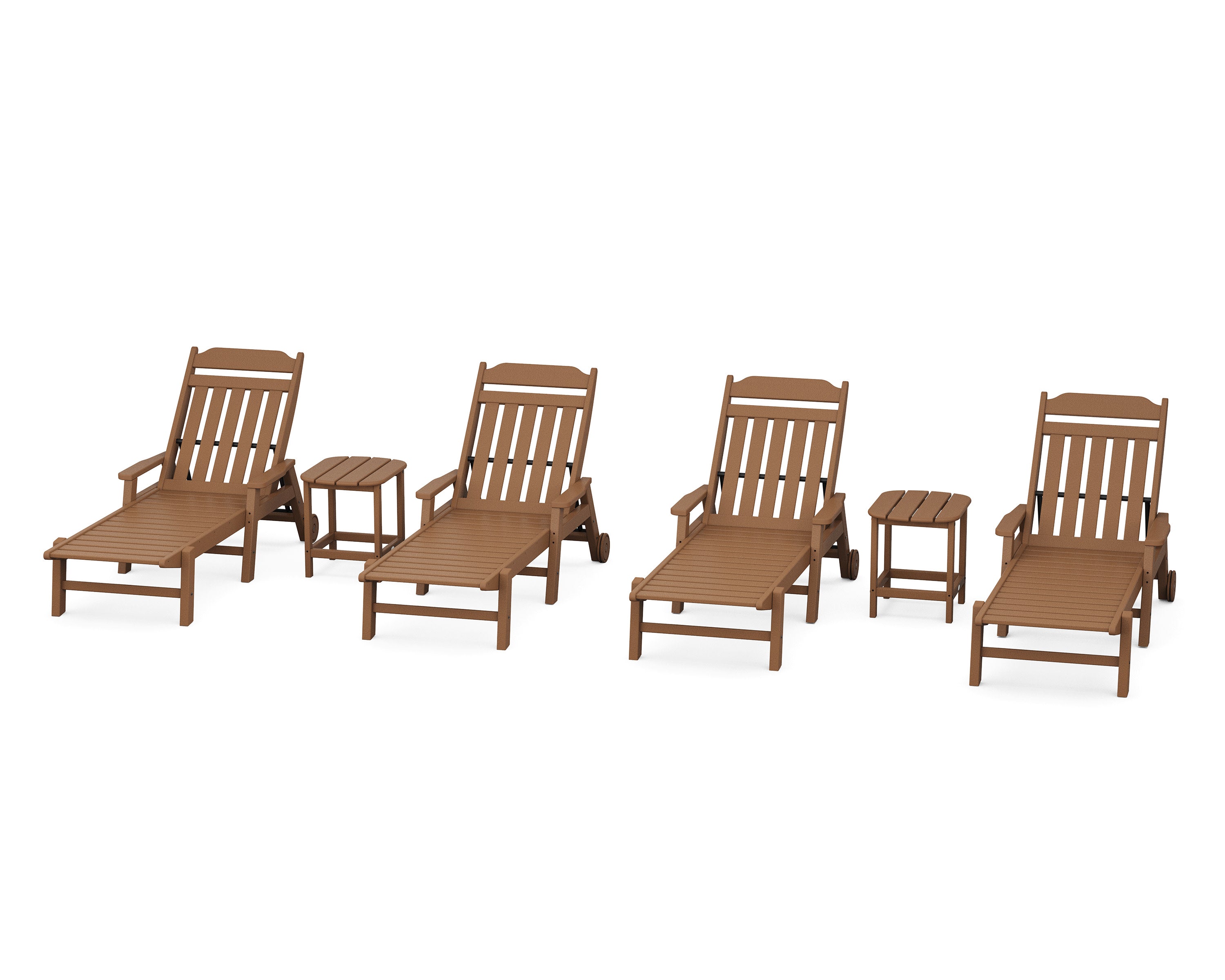 Cottage 6-Piece Chaise Set with Arms and Wheels in Teak