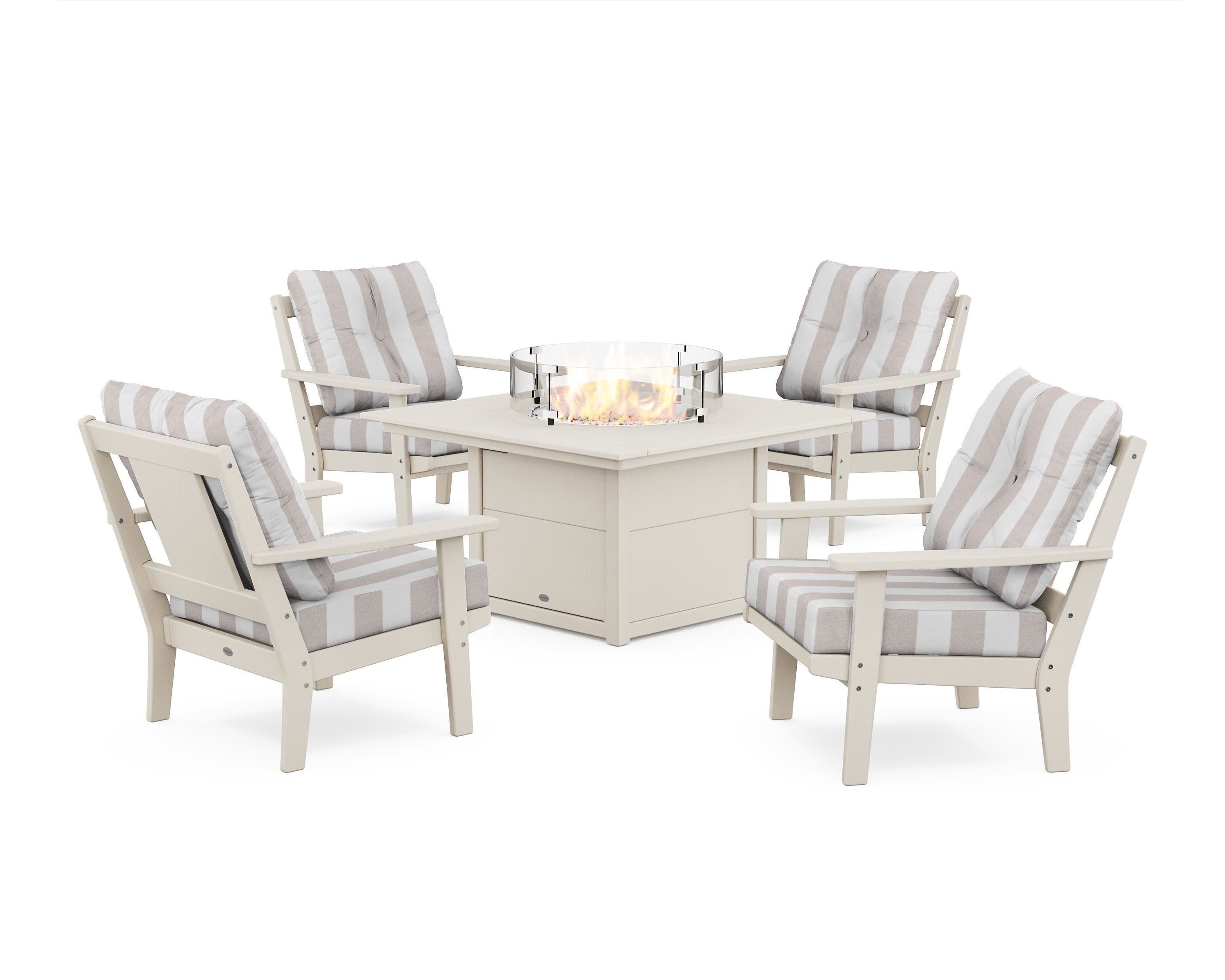 Prairie 5-Piece Deep Seating Set with Fire Pit Table in Sand / Cabana Stripe Dune Burlap