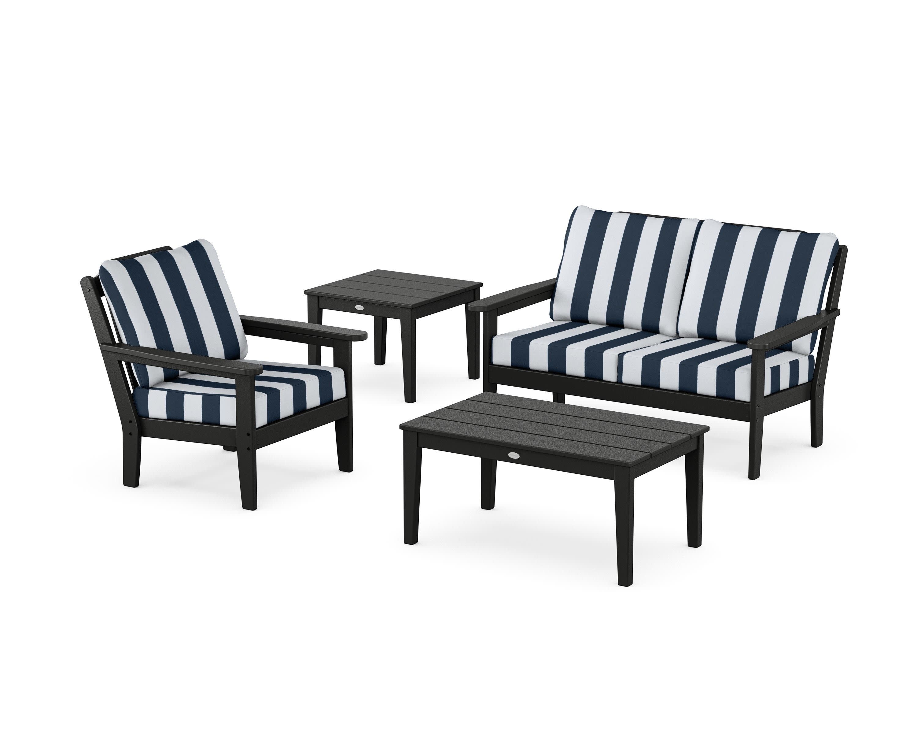 Wovendale 4-Piece Deep Seating Set in Black / Cabana Stripe Marine Indigo