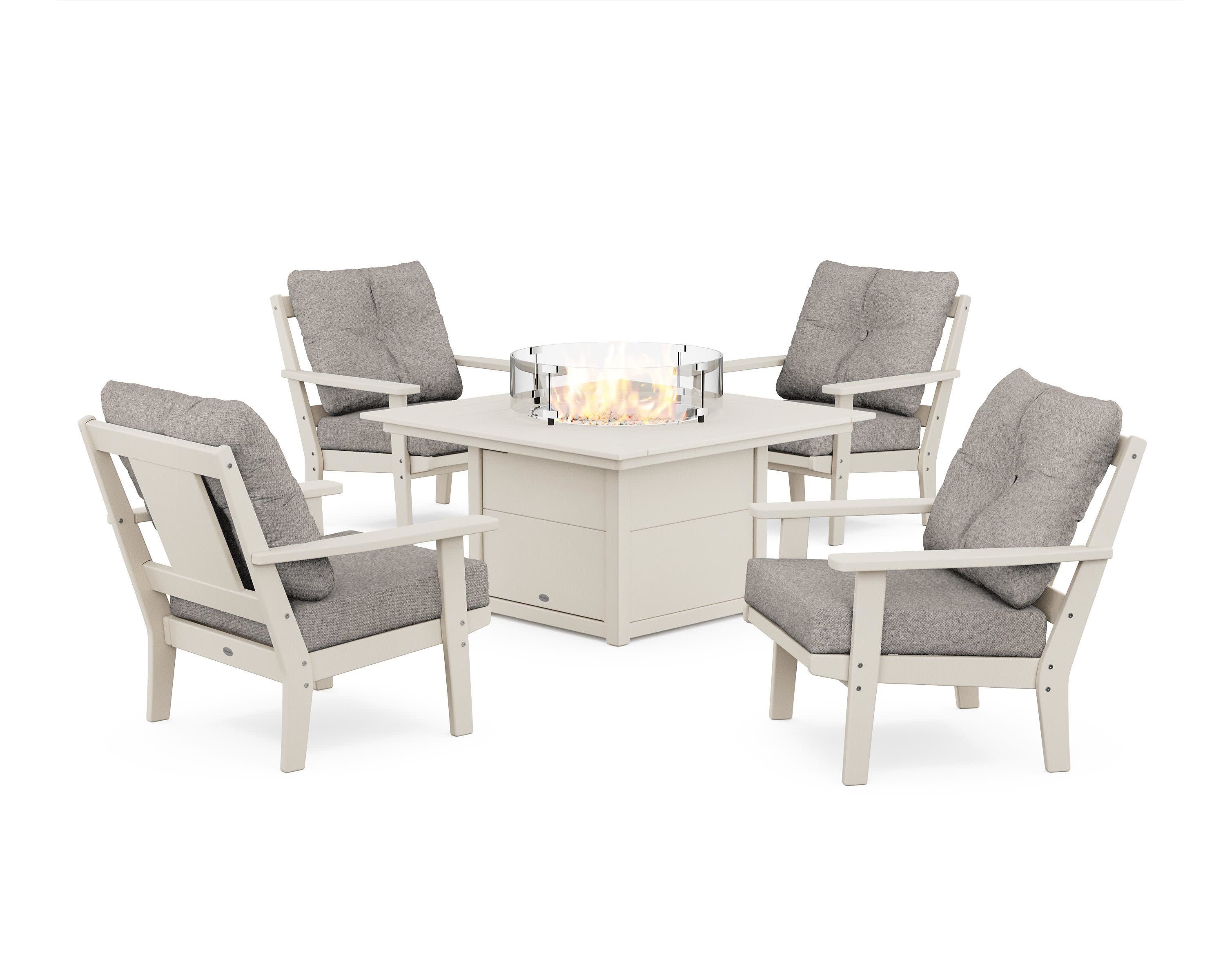 Prairie 5-Piece Deep Seating Set with Fire Pit Table in Sand / Weathered Tweed