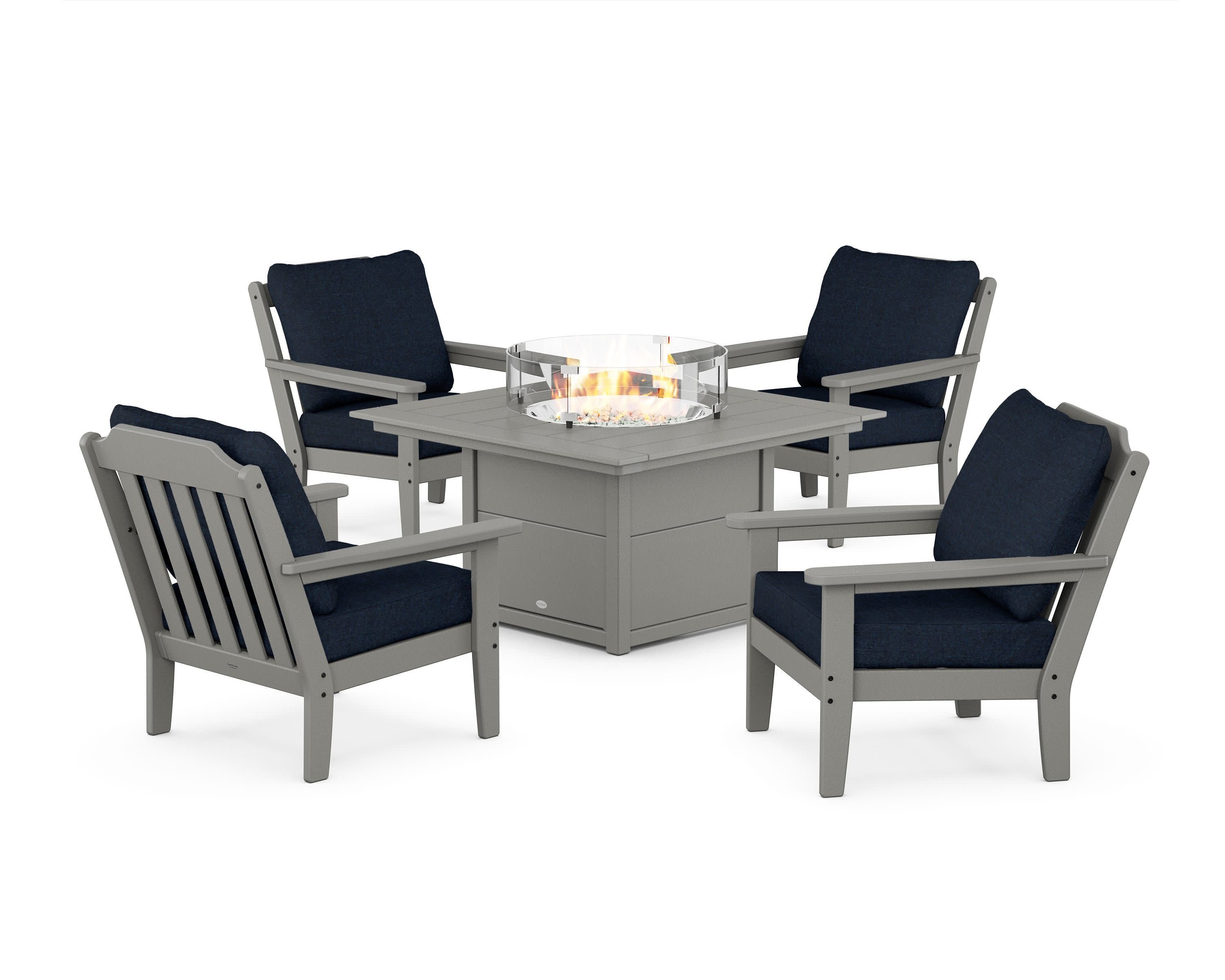 Cottage 5-Piece Deep Seating Set with Fire Pit Table in Slate Grey / Marine Indigo