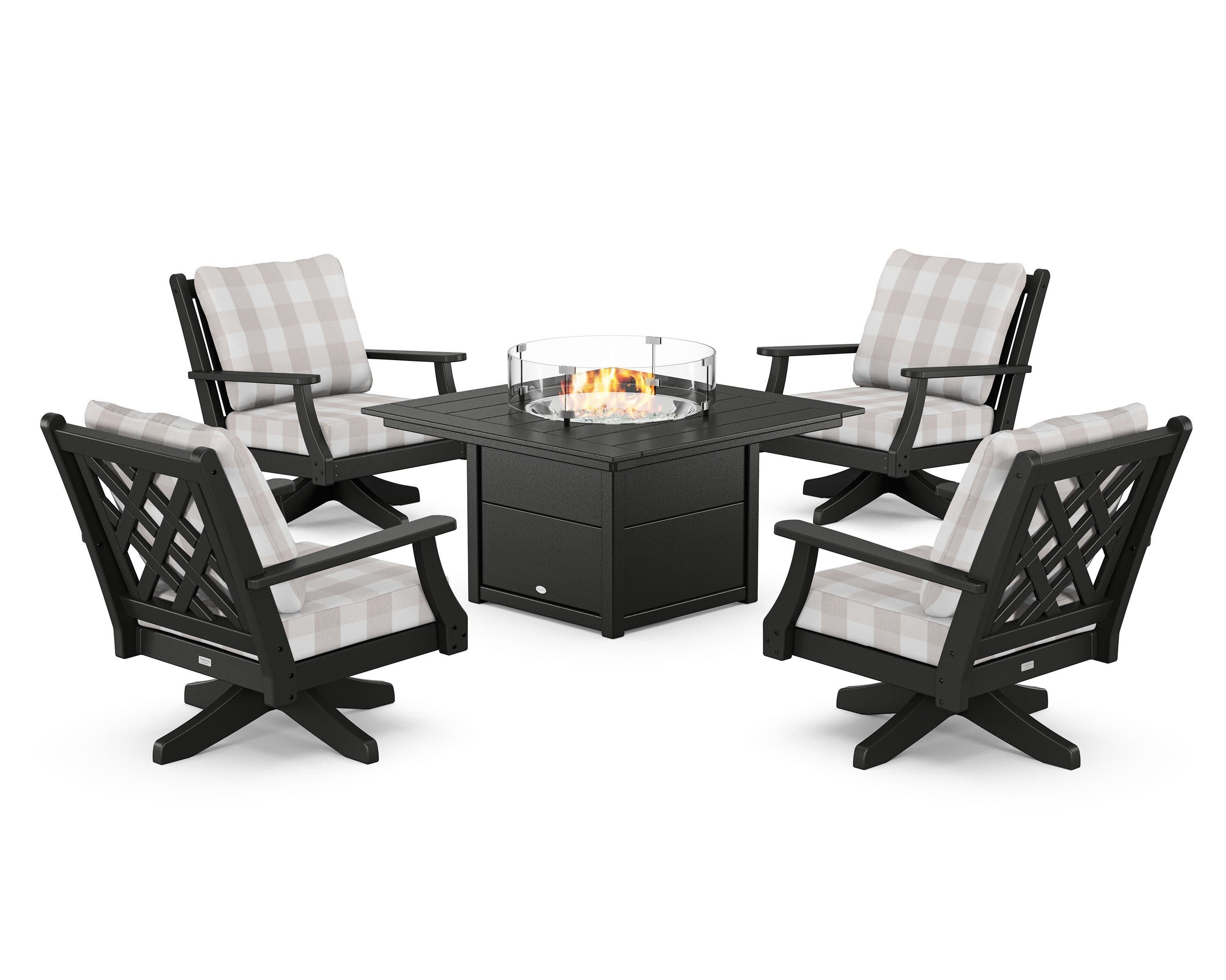 Wovendale 5-Piece Deep Seating Swivel Conversation Set with Fire Pit Table in Black / Buffalo Plaid Dune Burlap