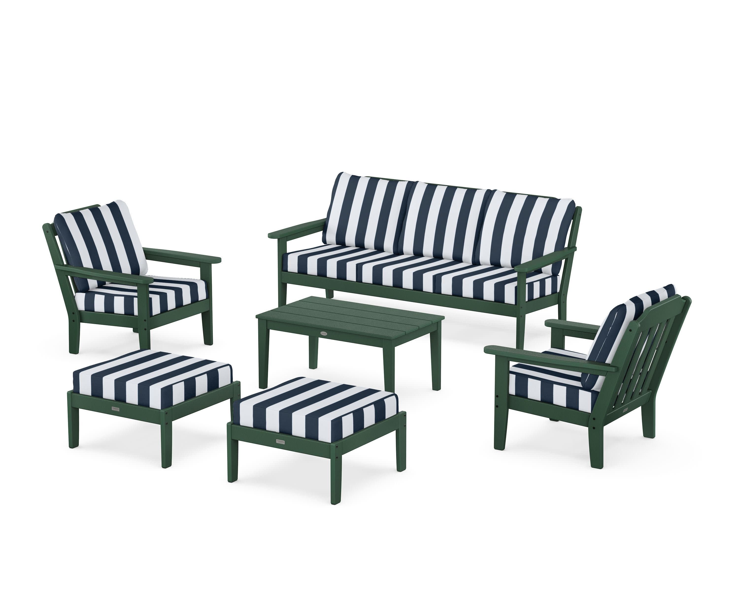 Cottage 6-Piece Lounge Sofa Set in Green / Cabana Stripe Marine Indigo