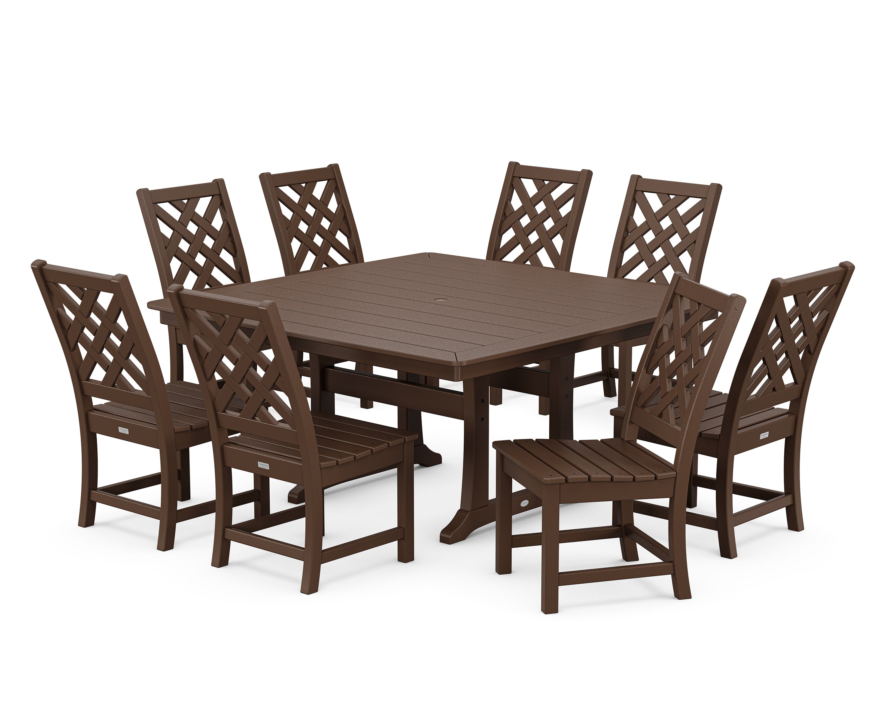 Wovendale Side Chair 9-Piece Square Dining Set with Trestle Legs in Mahogany